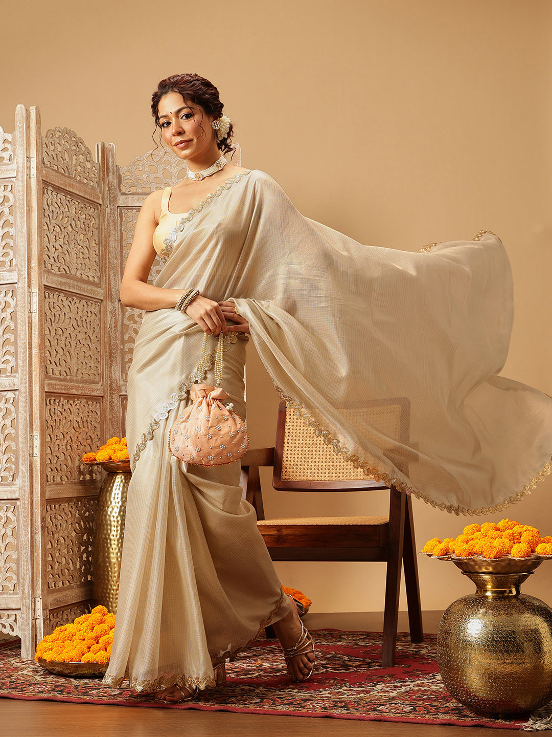 The Royal Cream Solid Muga Silk Saree Embellished With Gota Patti