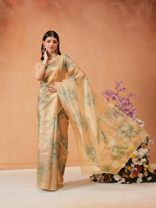Women's Printed Muga Zari Tissue Silk Saree