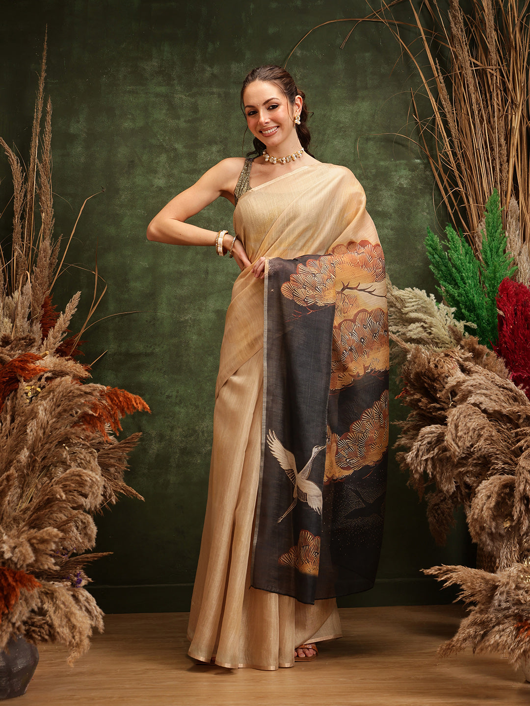Women's Printed Muga Zari Tissue Silk Saree