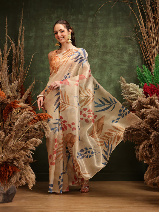 Women's Printed Muga Zari Tissue Silk Saree