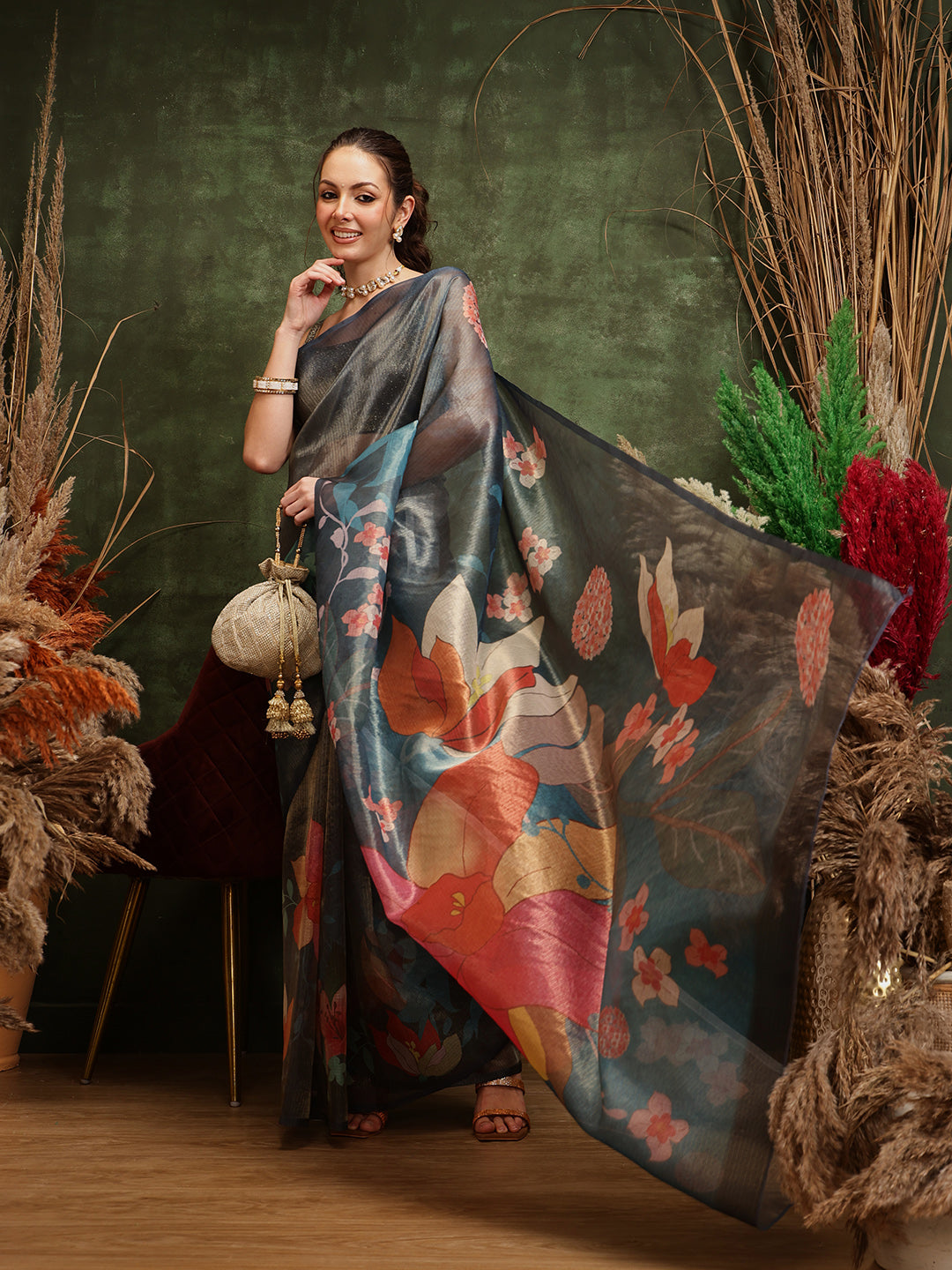 Women's Printed Muga Zari Tissue Silk Saree