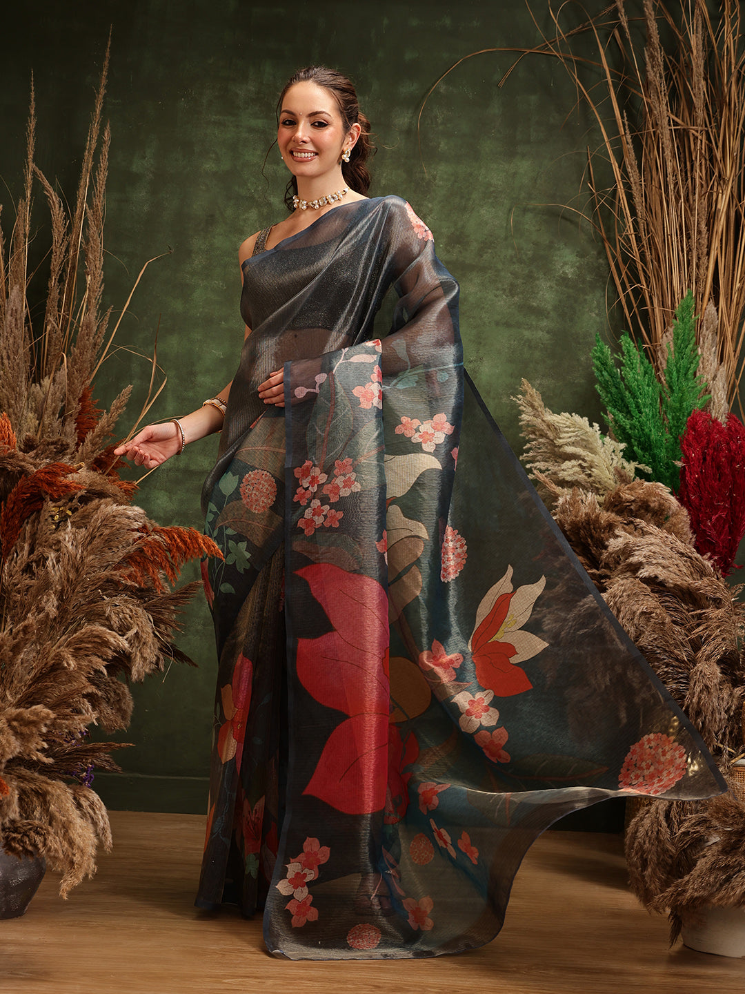 Women's Printed Muga Zari Tissue Silk Saree