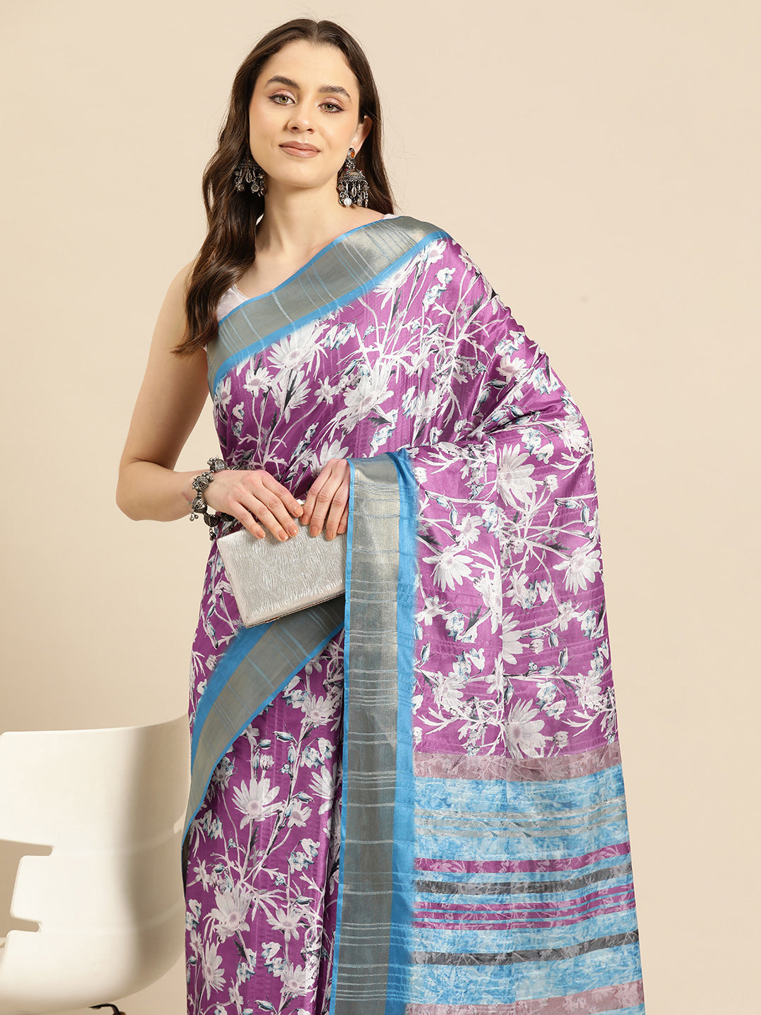 Floral Print Soft Silk Zari Woven Saree