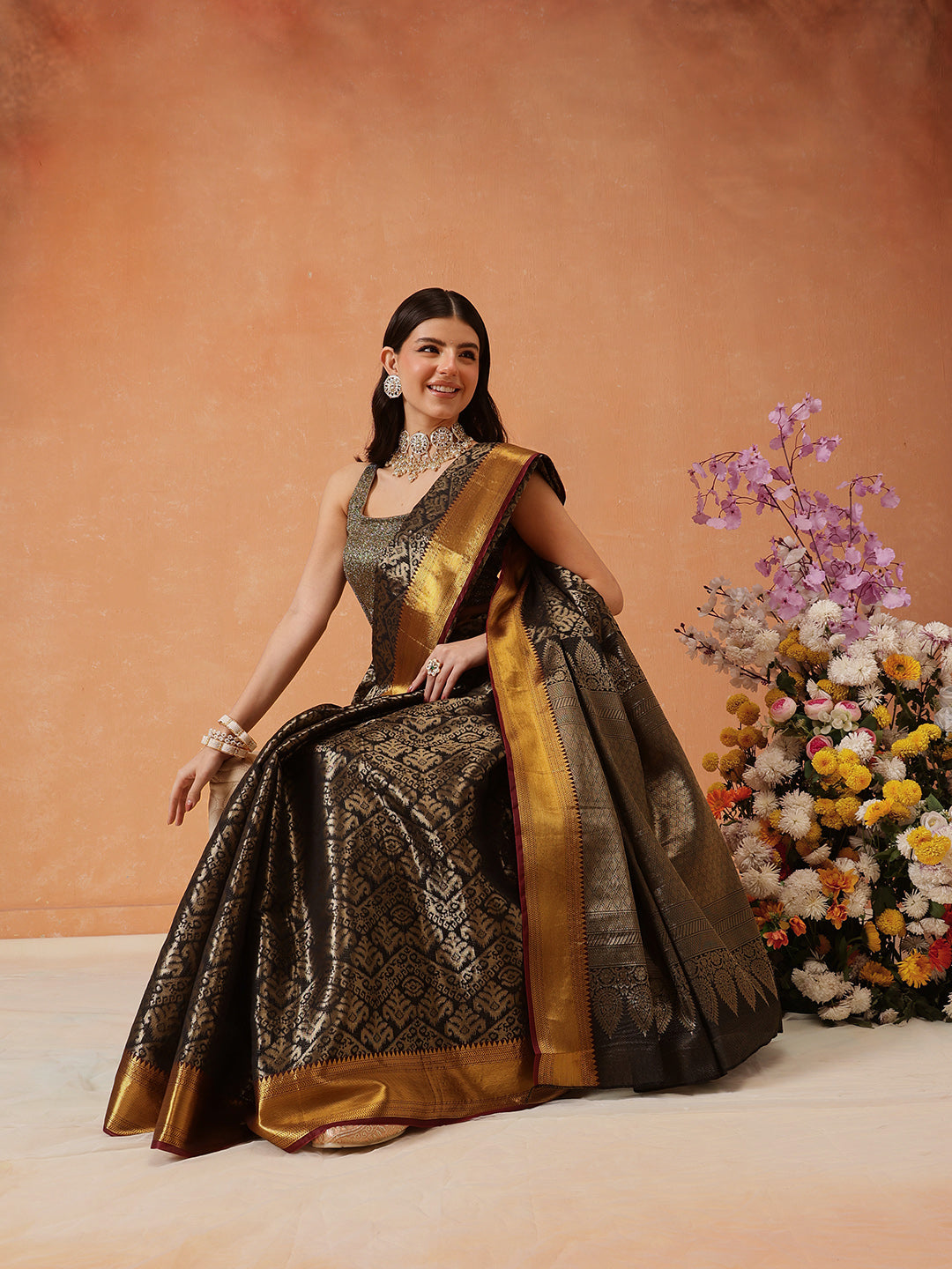 Chevron Classical Weaving Ikkat Zari Woven With Kanjivaram Border Saree