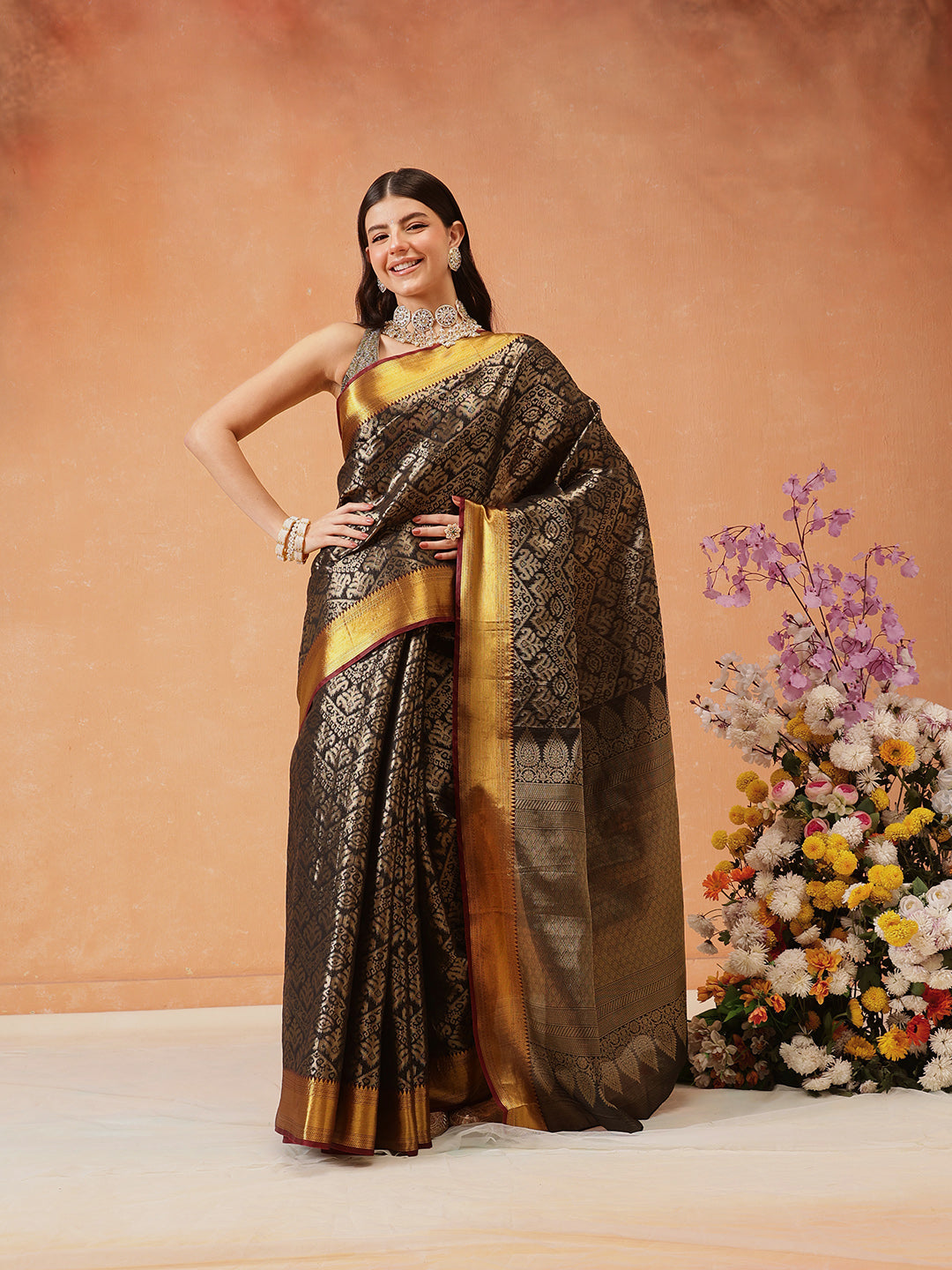 Chevron Classical Weaving Ikkat Zari Woven With Kanjivaram Border Saree