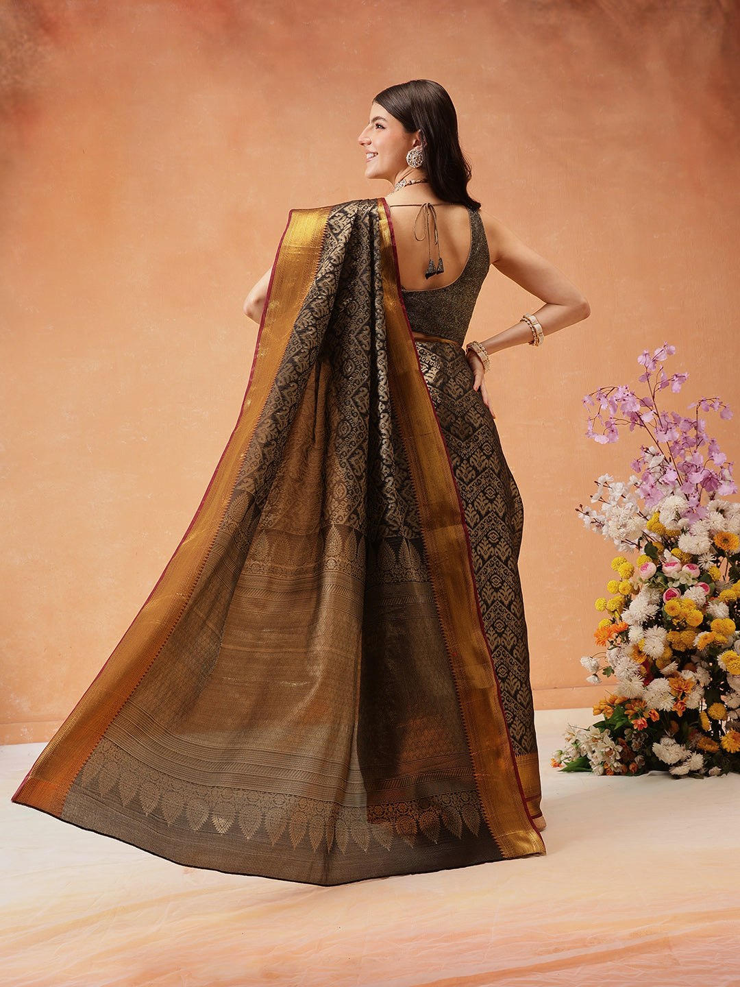 Chevron Classical Weaving Ikkat Zari Woven With Kanjivaram Border Saree