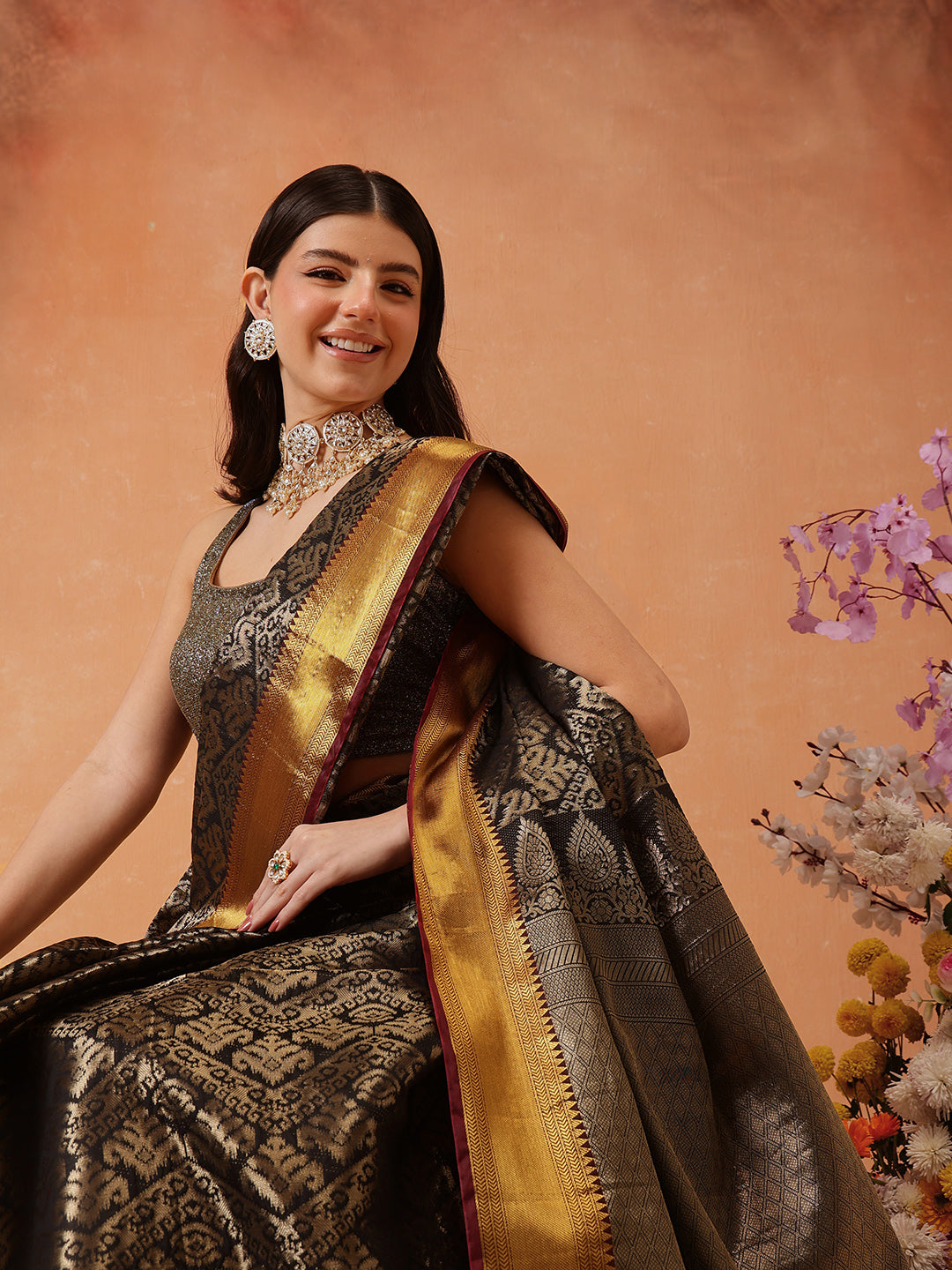 Chevron Classical Weaving Ikkat Zari Woven With Kanjivaram Border Saree