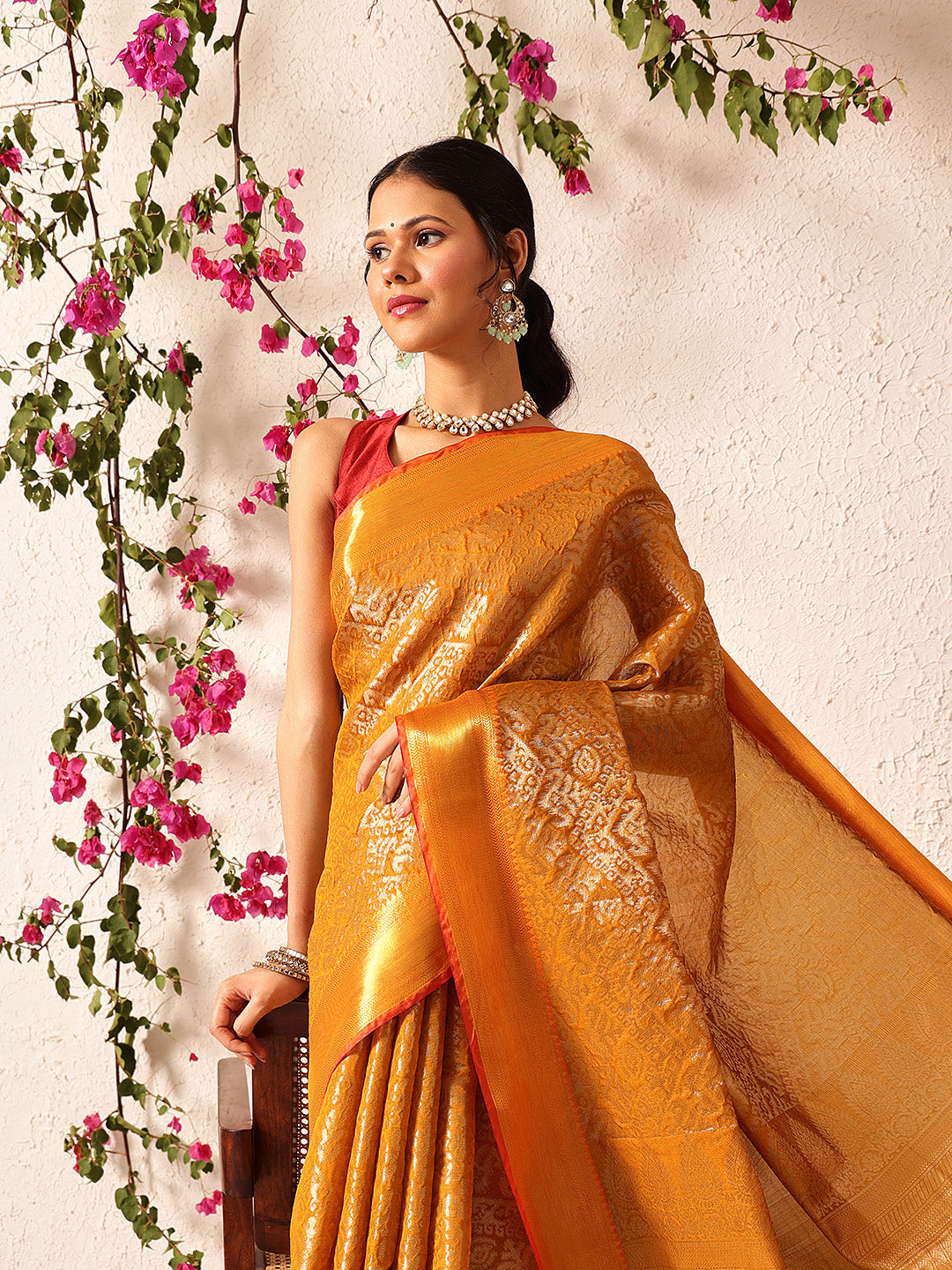 Chevron Classical Weaving Ikkat Zari Woven With Kanjivaram Border Saree