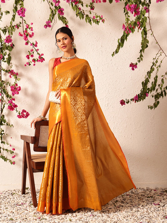 Chevron Classical Weaving Ikkat Zari Woven With Kanjivaram Border Saree