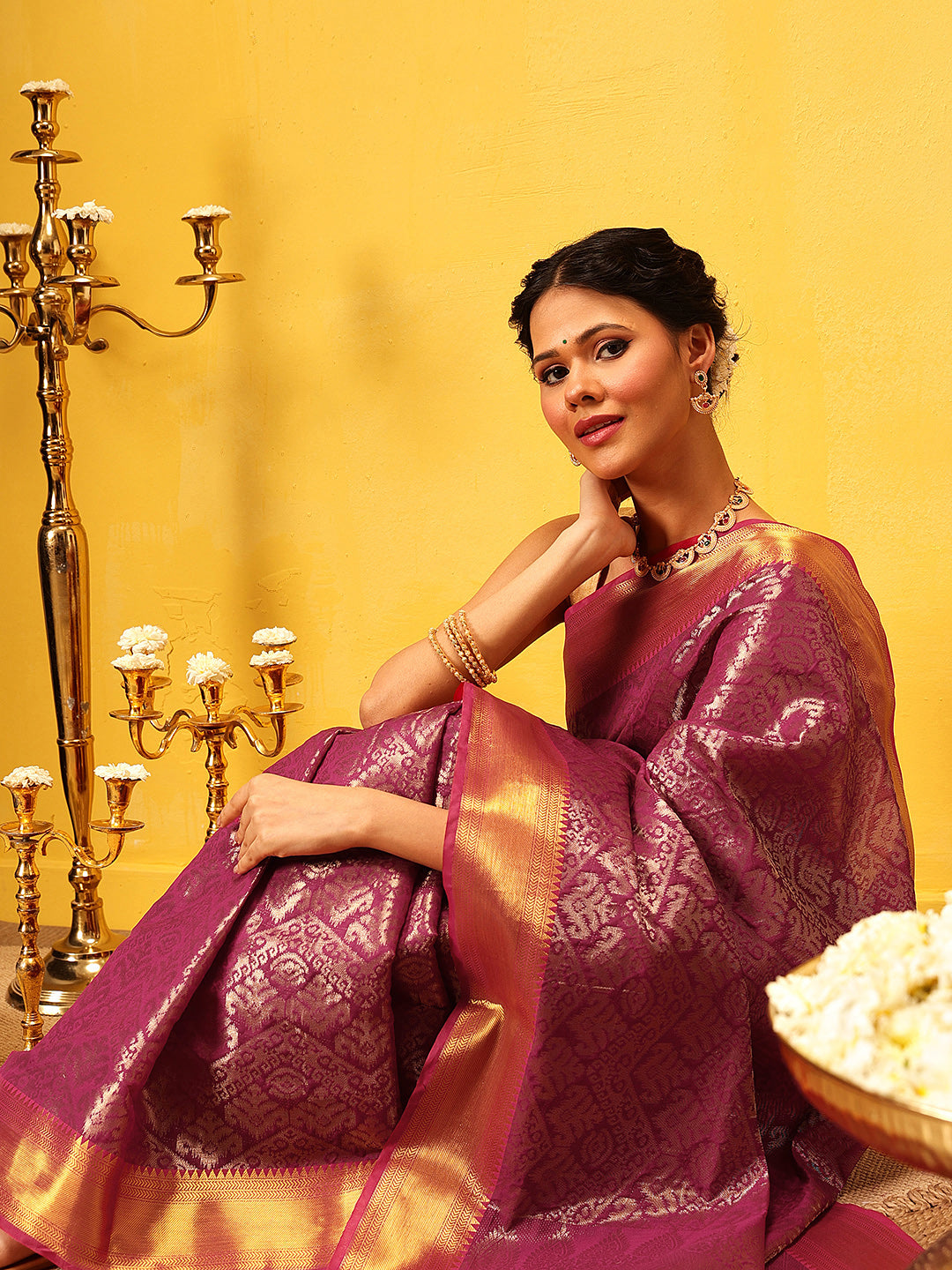 Chevron Classical Weaving Ikkat Zari Woven With Kanjivaram Border Saree