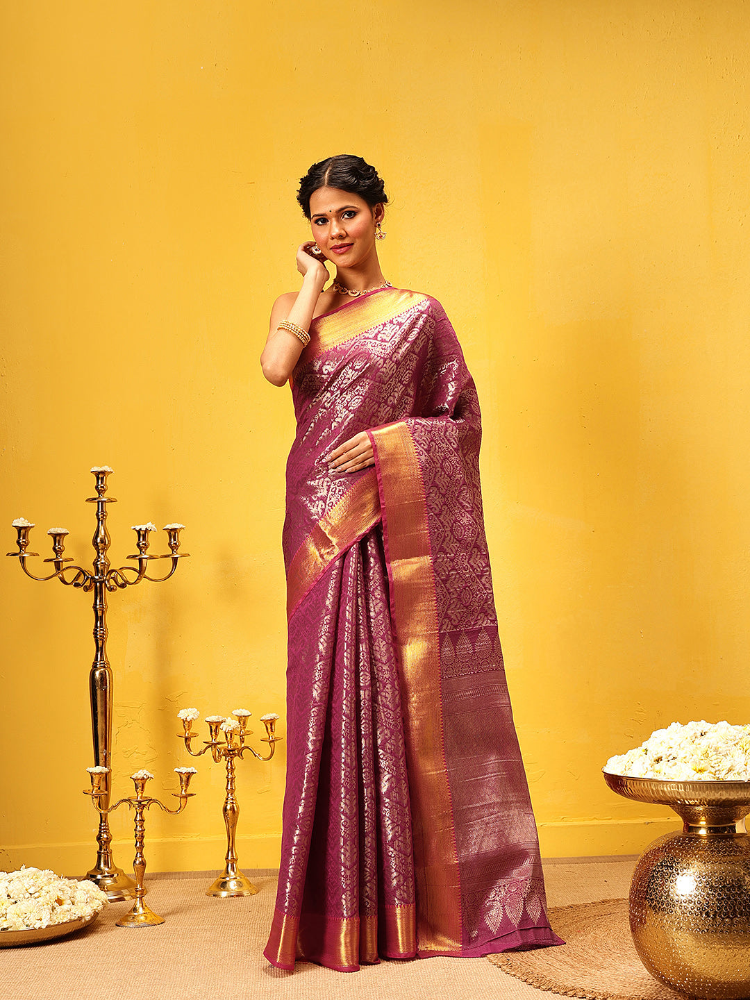 Chevron Classical Weaving Ikkat Zari Woven With Kanjivaram Border Saree