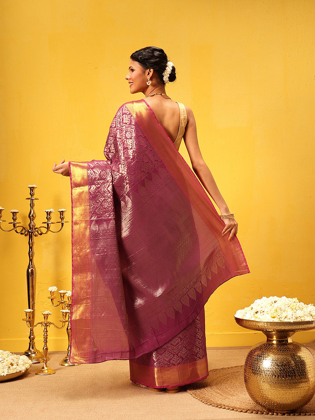 Chevron Classical Weaving Ikkat Zari Woven With Kanjivaram Border Saree