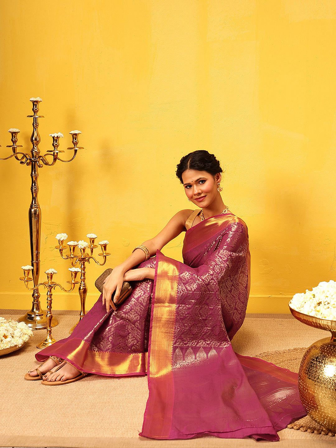 Chevron Classical Weaving Ikkat Zari Woven With Kanjivaram Border Saree