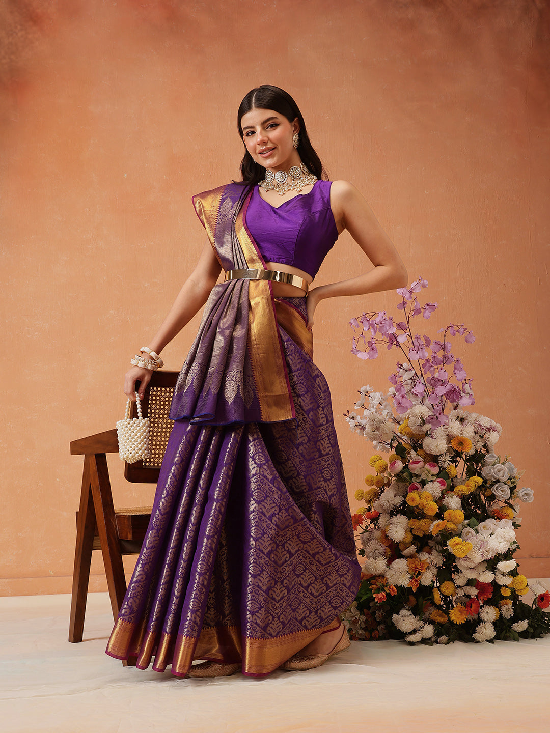 Chevron Classical Weaving Ikkat Zari Woven With Kanjivaram Border Saree