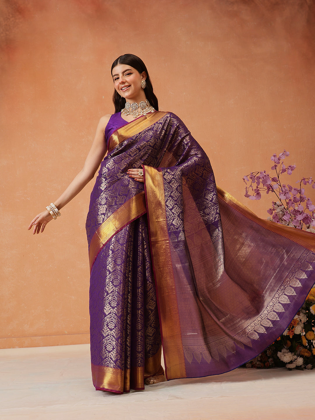 Chevron Classical Weaving Ikkat Zari Woven With Kanjivaram Border Saree