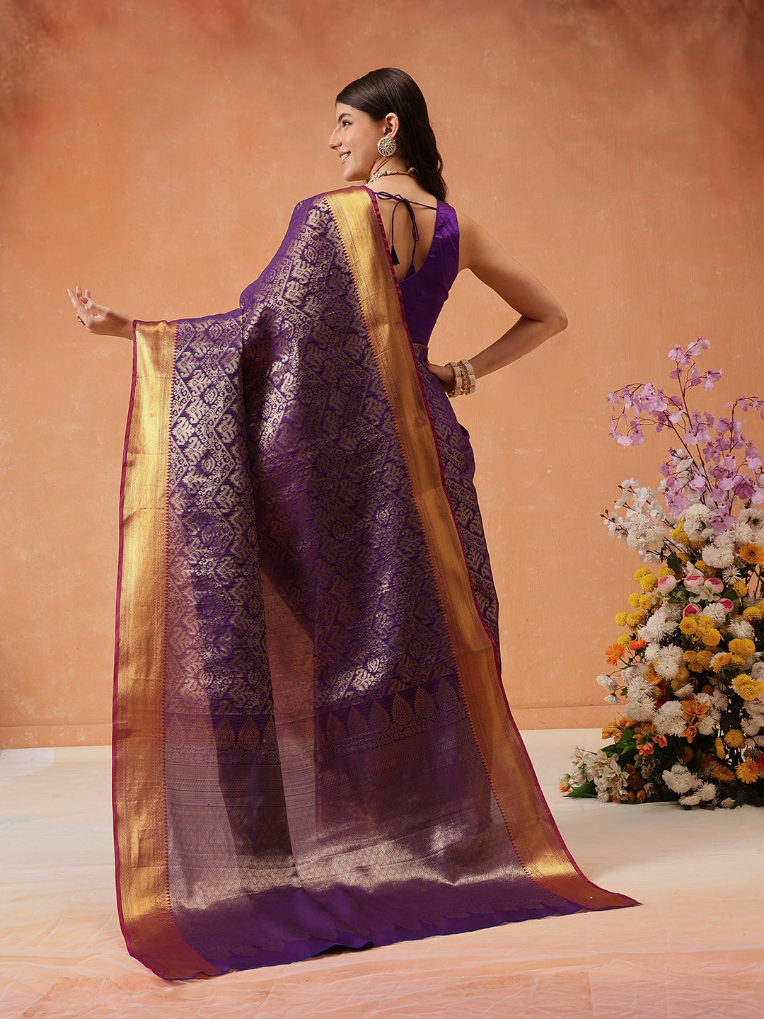 Chevron Classical Weaving Ikkat Zari Woven With Kanjivaram Border Saree