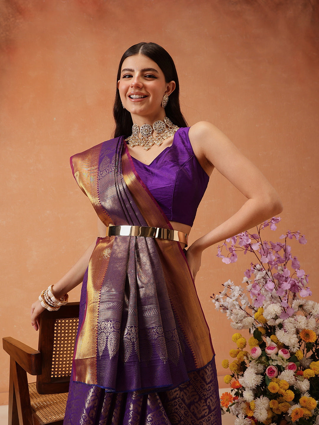 Chevron Classical Weaving Ikkat Zari Woven With Kanjivaram Border Saree