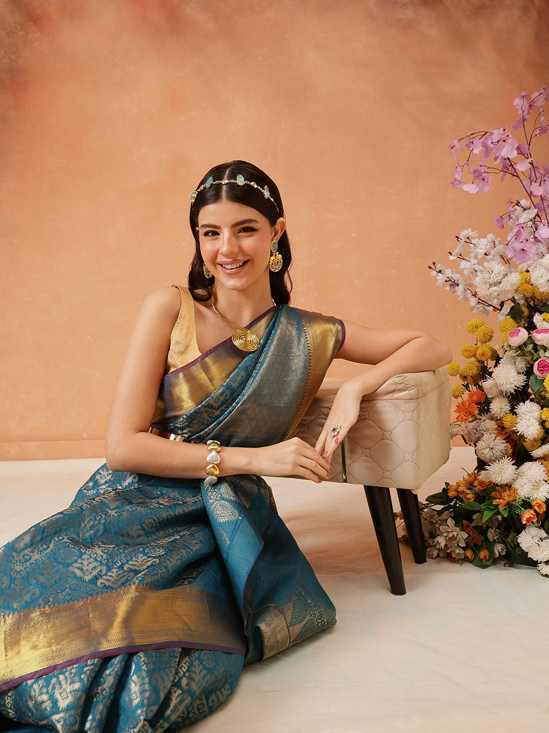 Chevron Classical Weaving Ikkat Zari Woven With Kanjivaram Border Saree