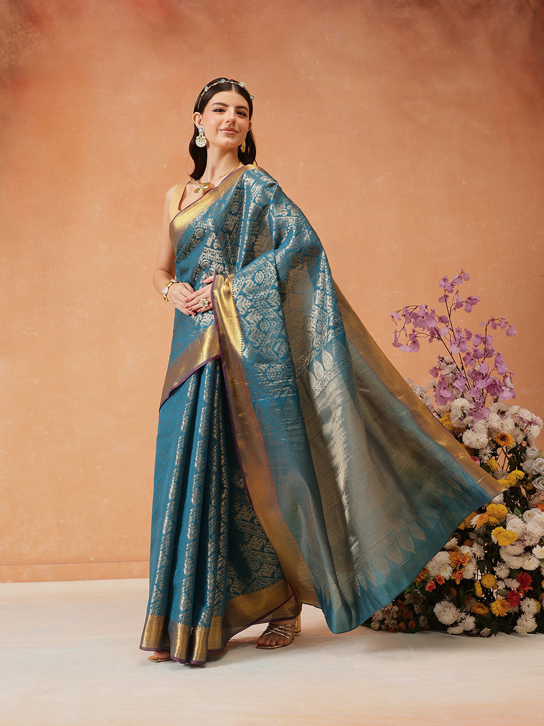 Chevron Classical Weaving Ikkat Zari Woven With Kanjivaram Border Saree