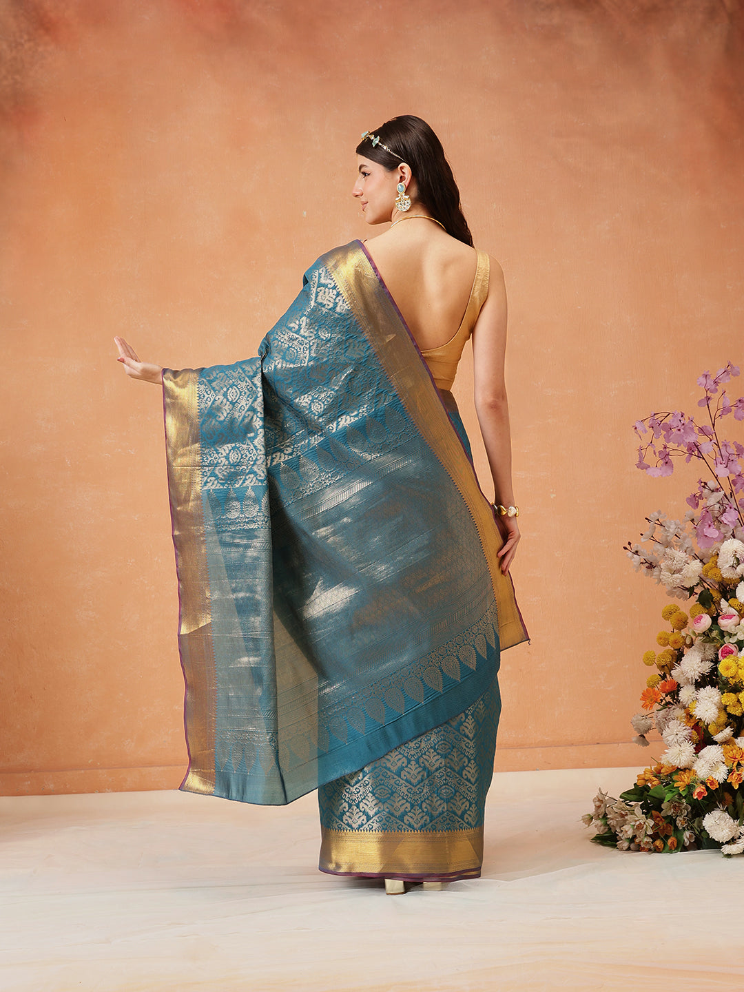 Chevron Classical Weaving Ikkat Zari Woven With Kanjivaram Border Saree