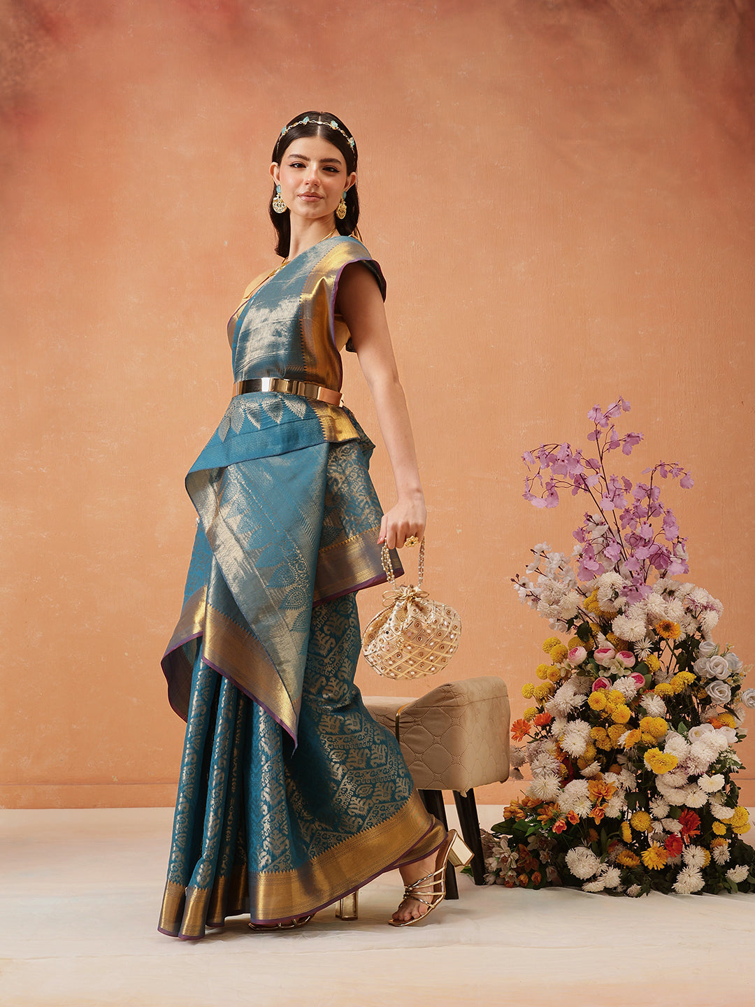 Chevron Classical Weaving Ikkat Zari Woven With Kanjivaram Border Saree