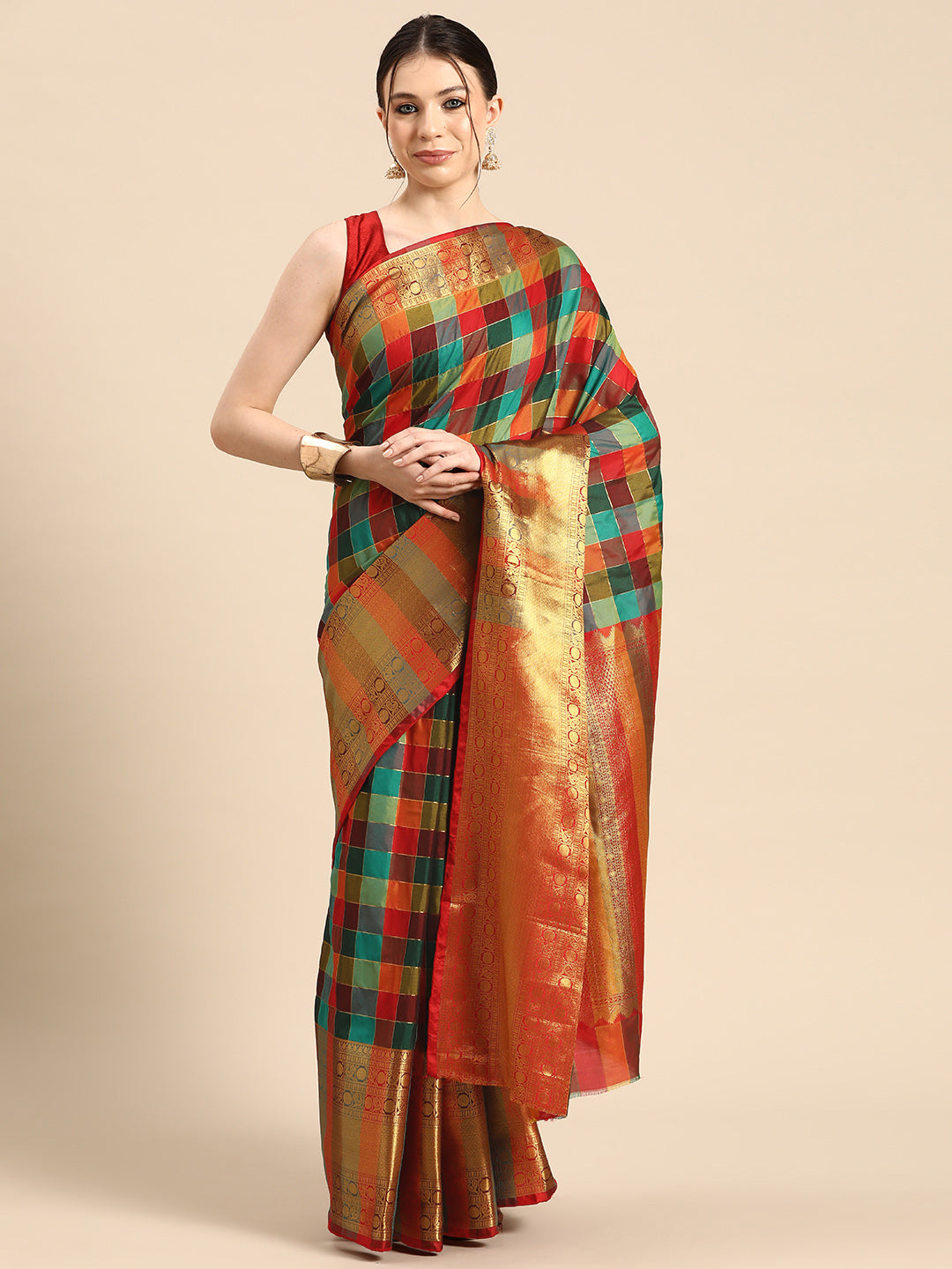 Women's Kanjivaram Color Block Checks Saree