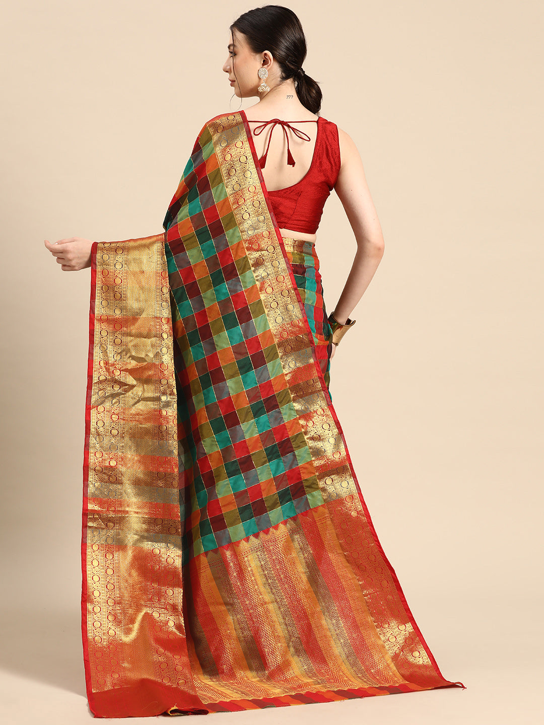 Women's Kanjivaram Color Block Checks Saree