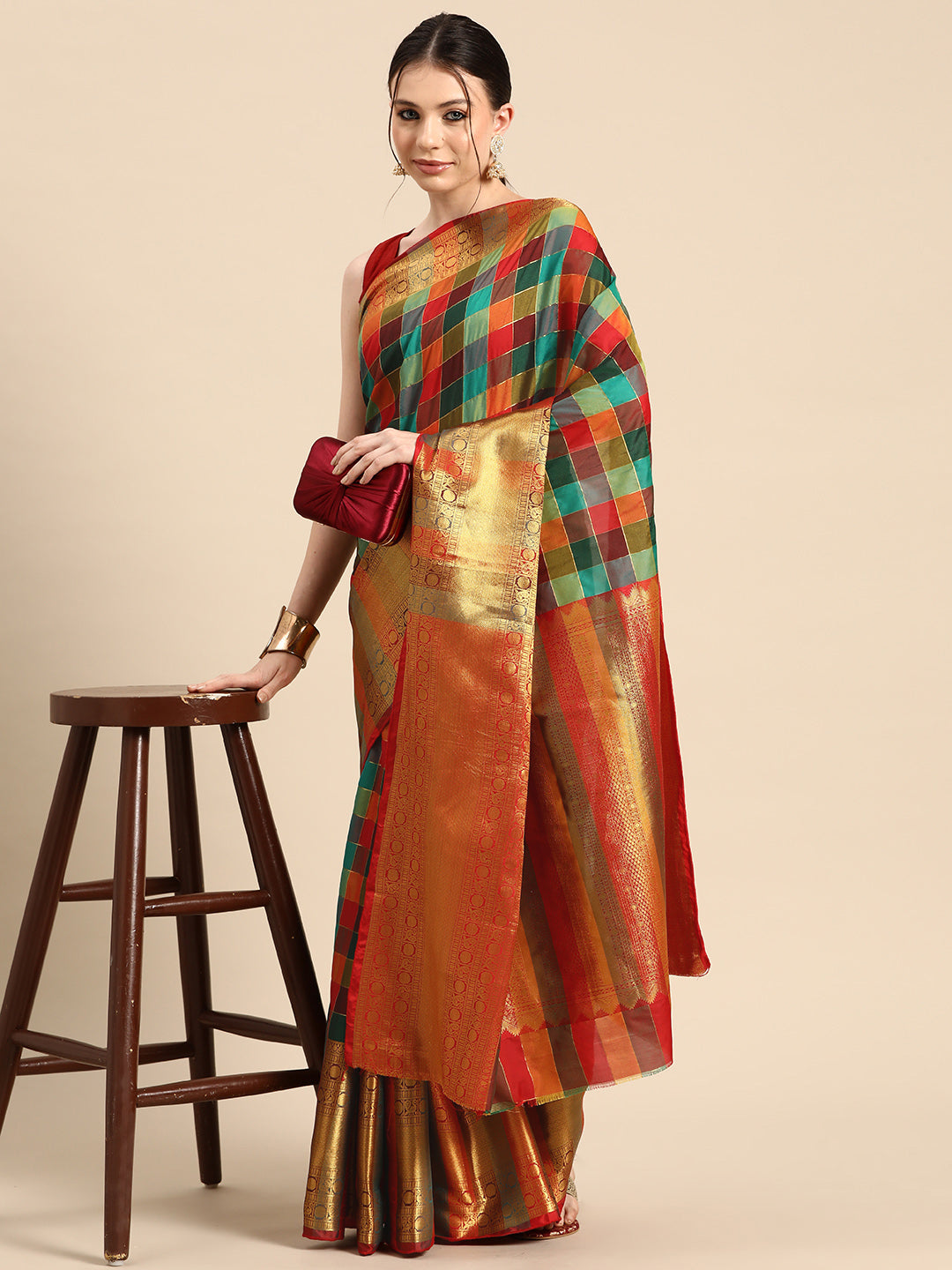 Women's Kanjivaram Color Block Checks Saree