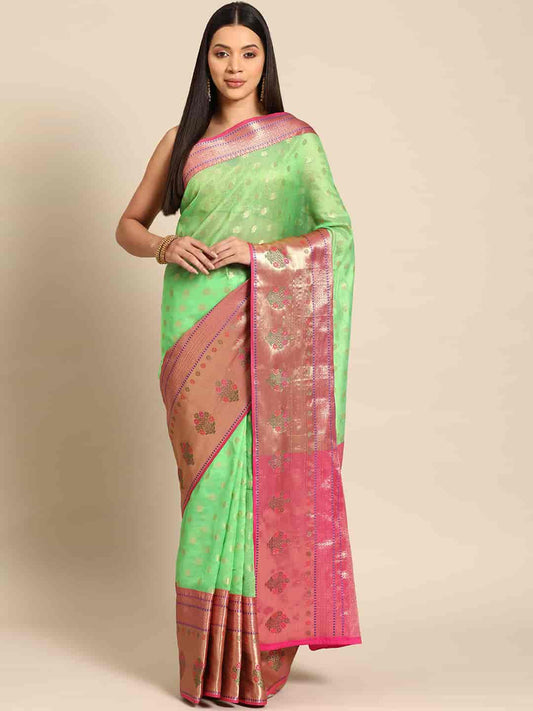 Parrot Green & Gold Ethnic Motifs Woven Design Zari Art Silk Saree