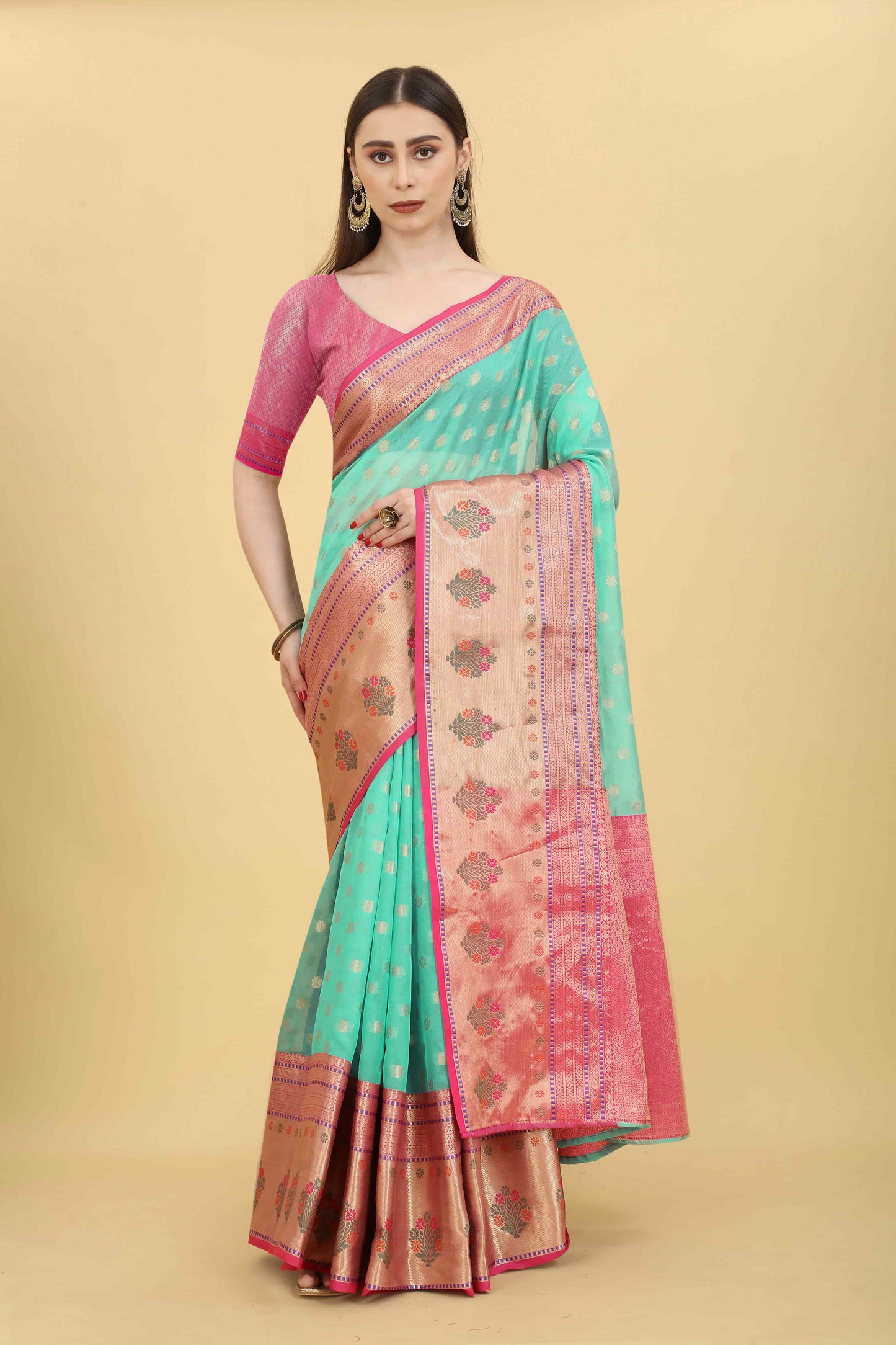 Teal & Gold Ethnic Motifs Woven Design Zari Art Silk Banarasi Saree