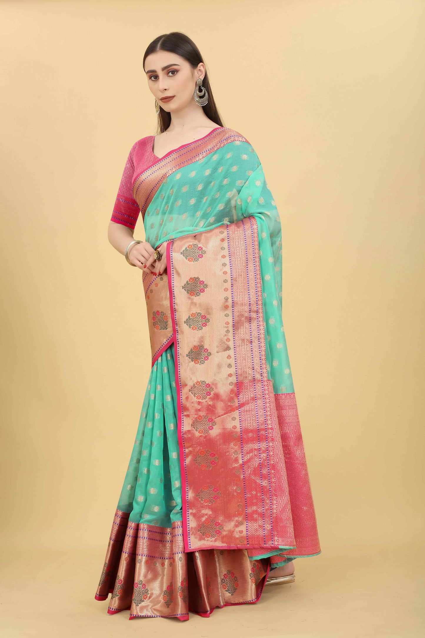Teal & Gold Ethnic Motifs Woven Design Zari Art Silk Banarasi Saree