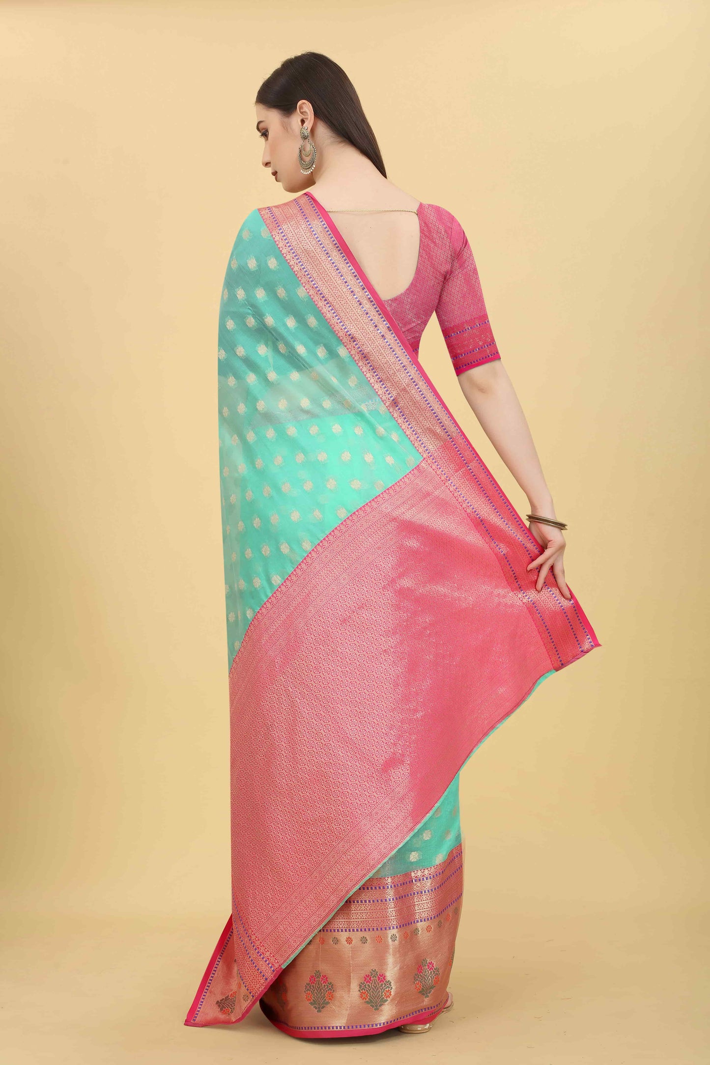 Teal & Gold Ethnic Motifs Woven Design Zari Art Silk Banarasi Saree