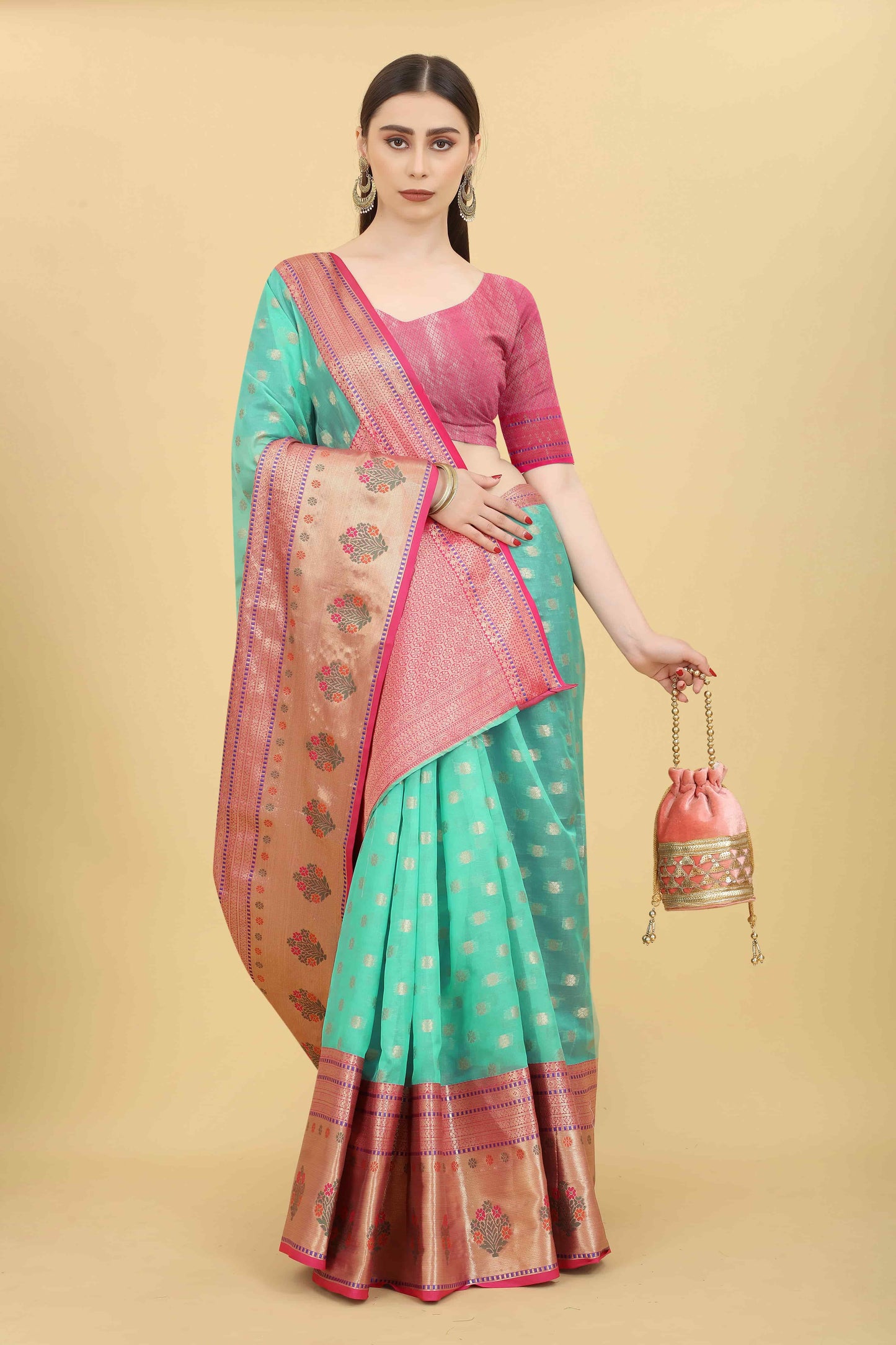 Teal & Gold Ethnic Motifs Woven Design Zari Art Silk Banarasi Saree
