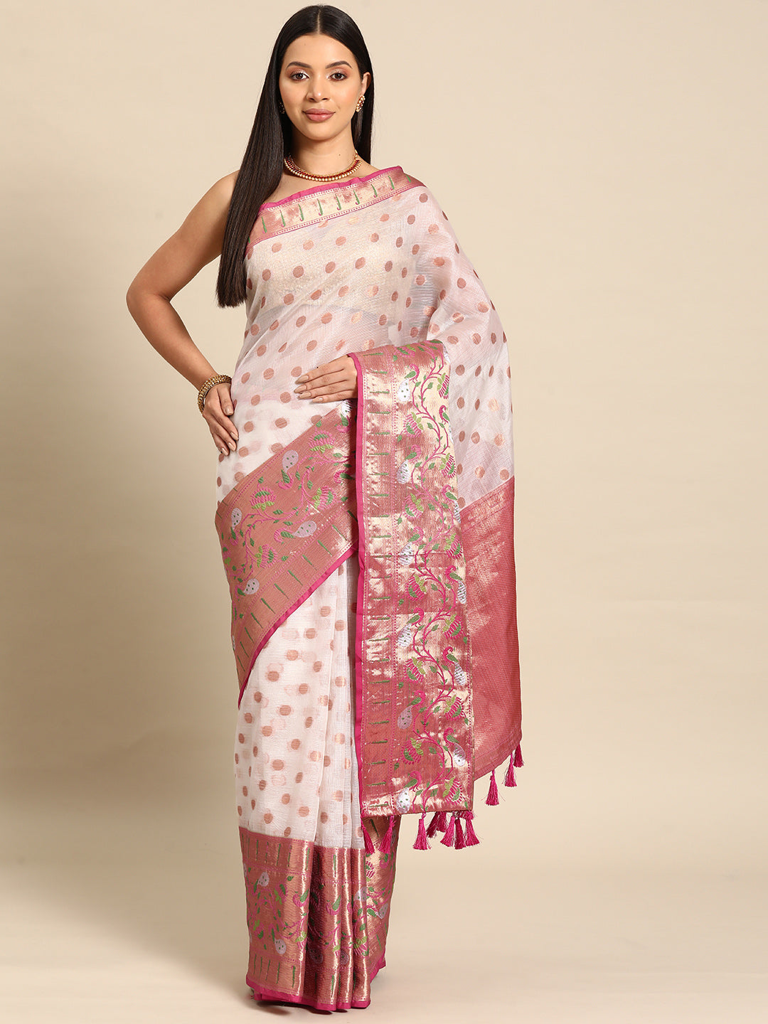 White & Pink Kanjiwaram Art Silk Kasavu Saree