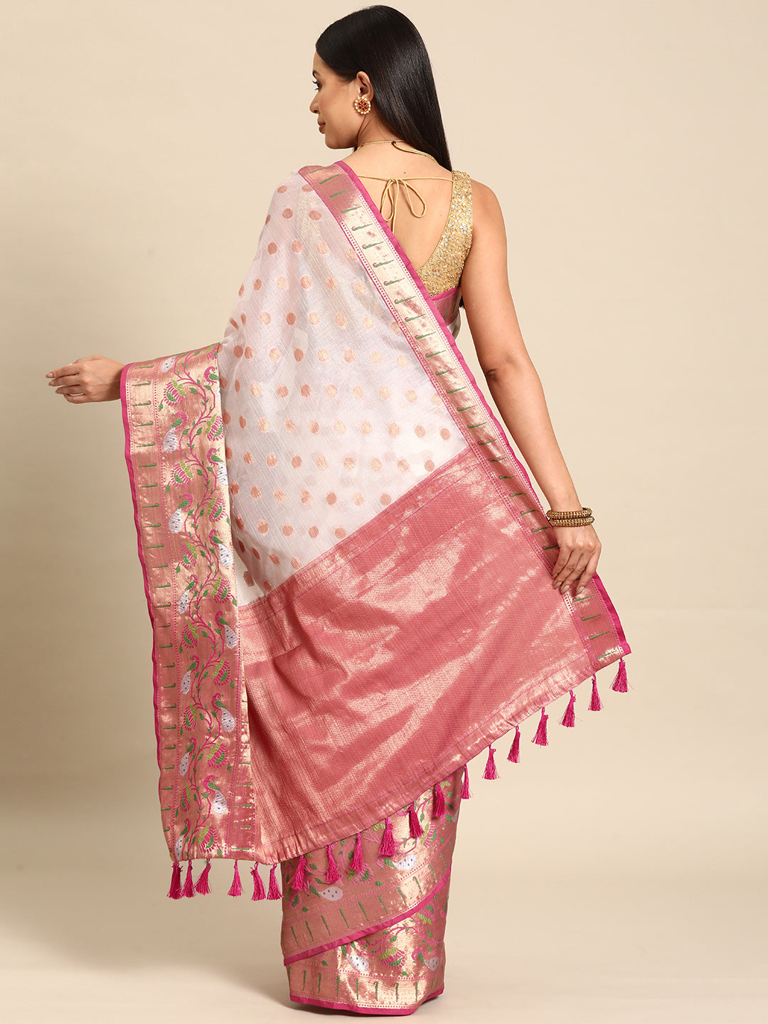 White & Pink Kanjiwaram Art Silk Kasavu Saree