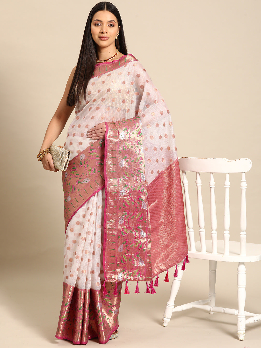 White & Pink Kanjiwaram Art Silk Kasavu Saree