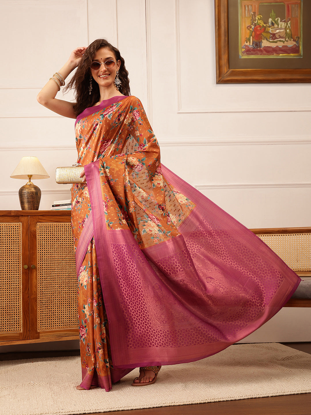 Floral Printed Crepe Saree