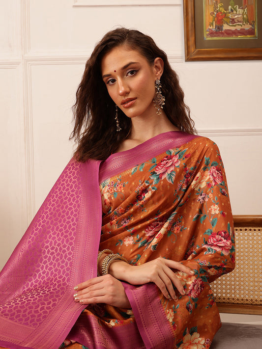 Floral Printed Crepe Saree