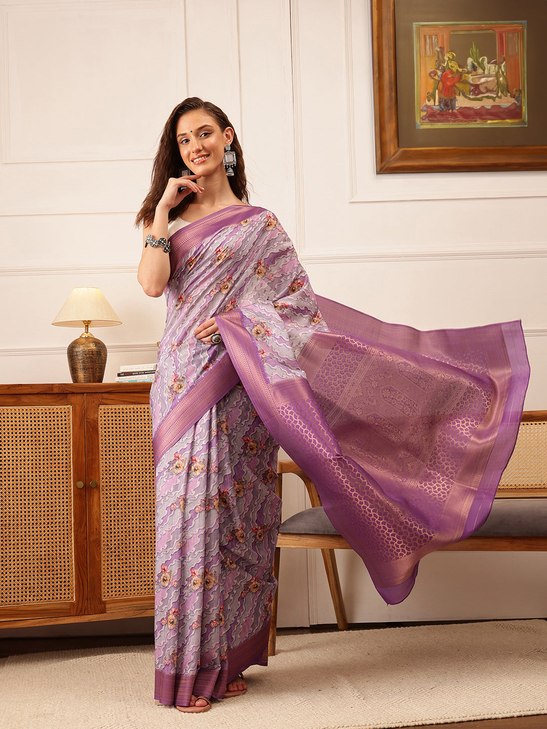 Striped Printed Crepe Saree