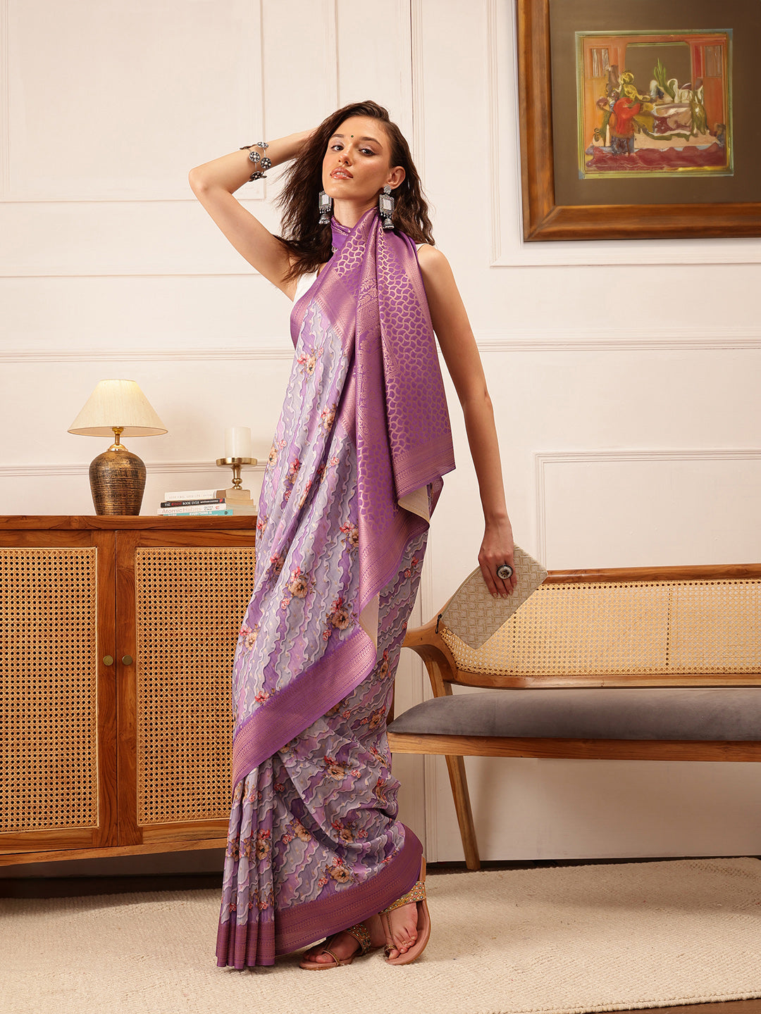 Striped Printed Crepe Saree
