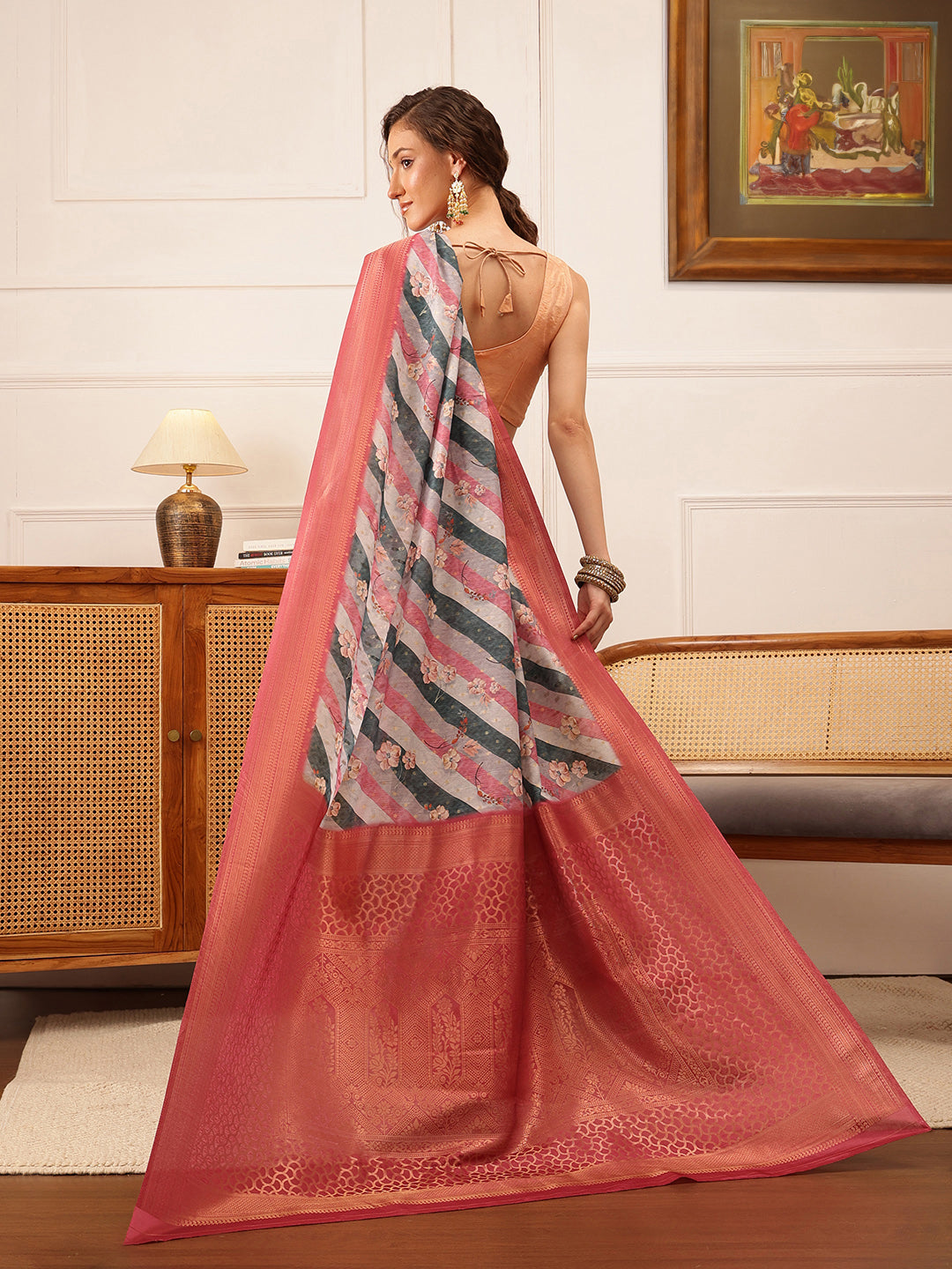 Striped Printed Crepe Saree