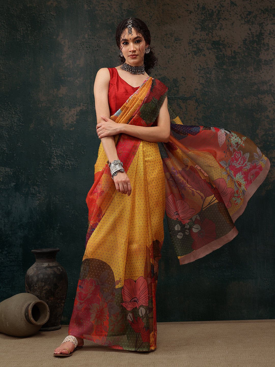 Floral Chanderi Polyester Silk Saree