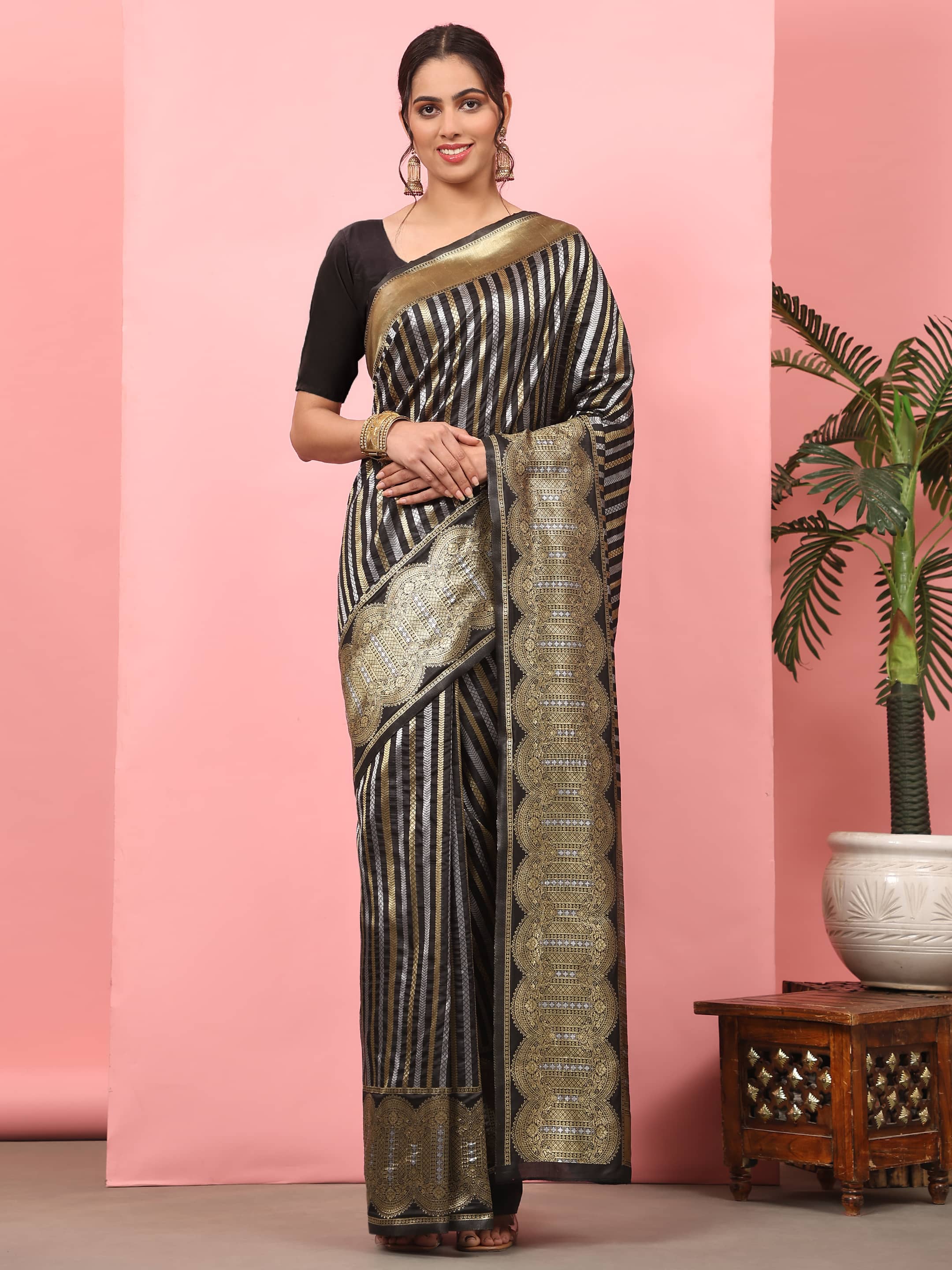 Kanchipuram Soft Silk Zari Woven Striped Saree