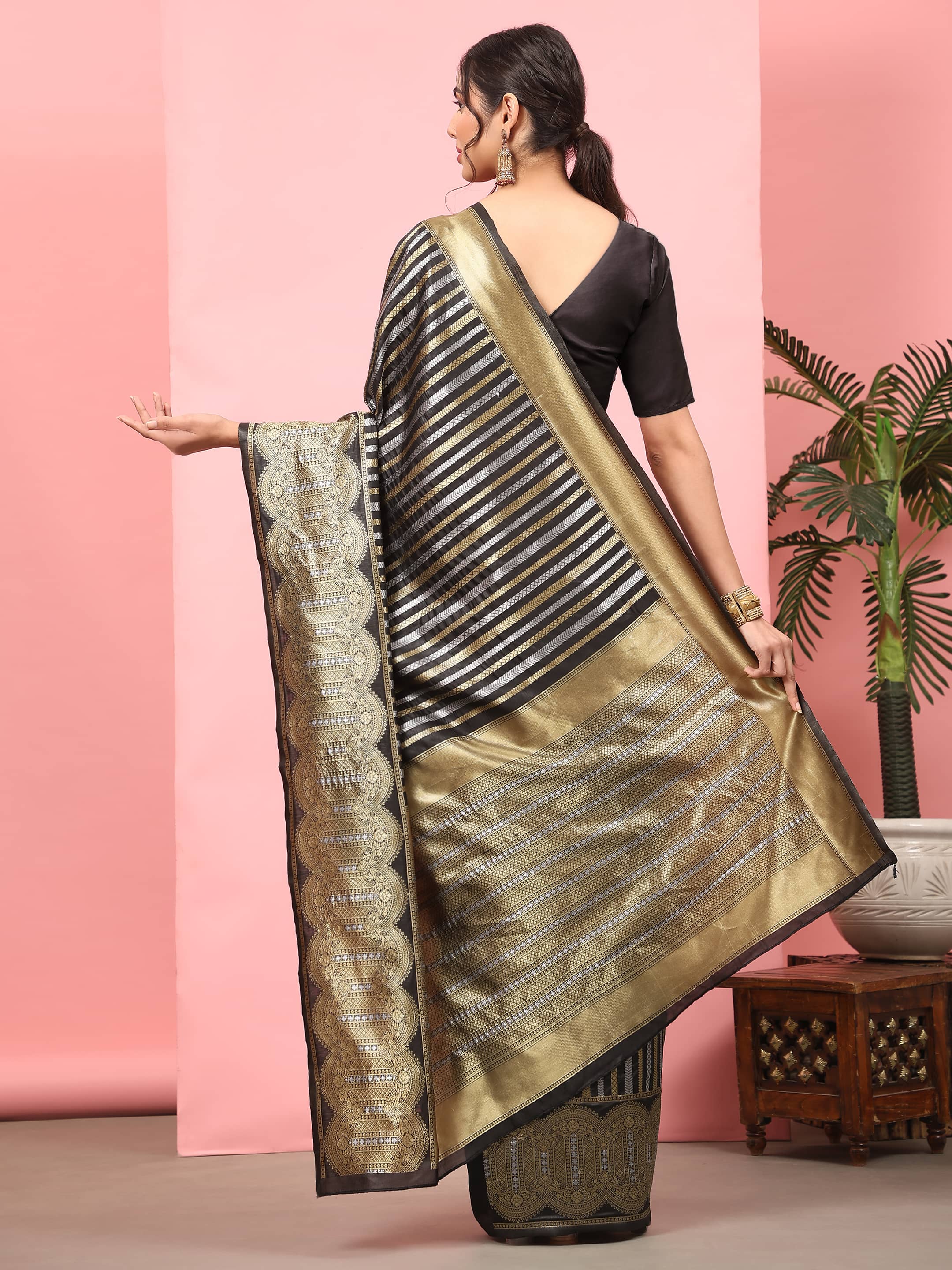 Kanchipuram Soft Silk Zari Woven Striped Saree