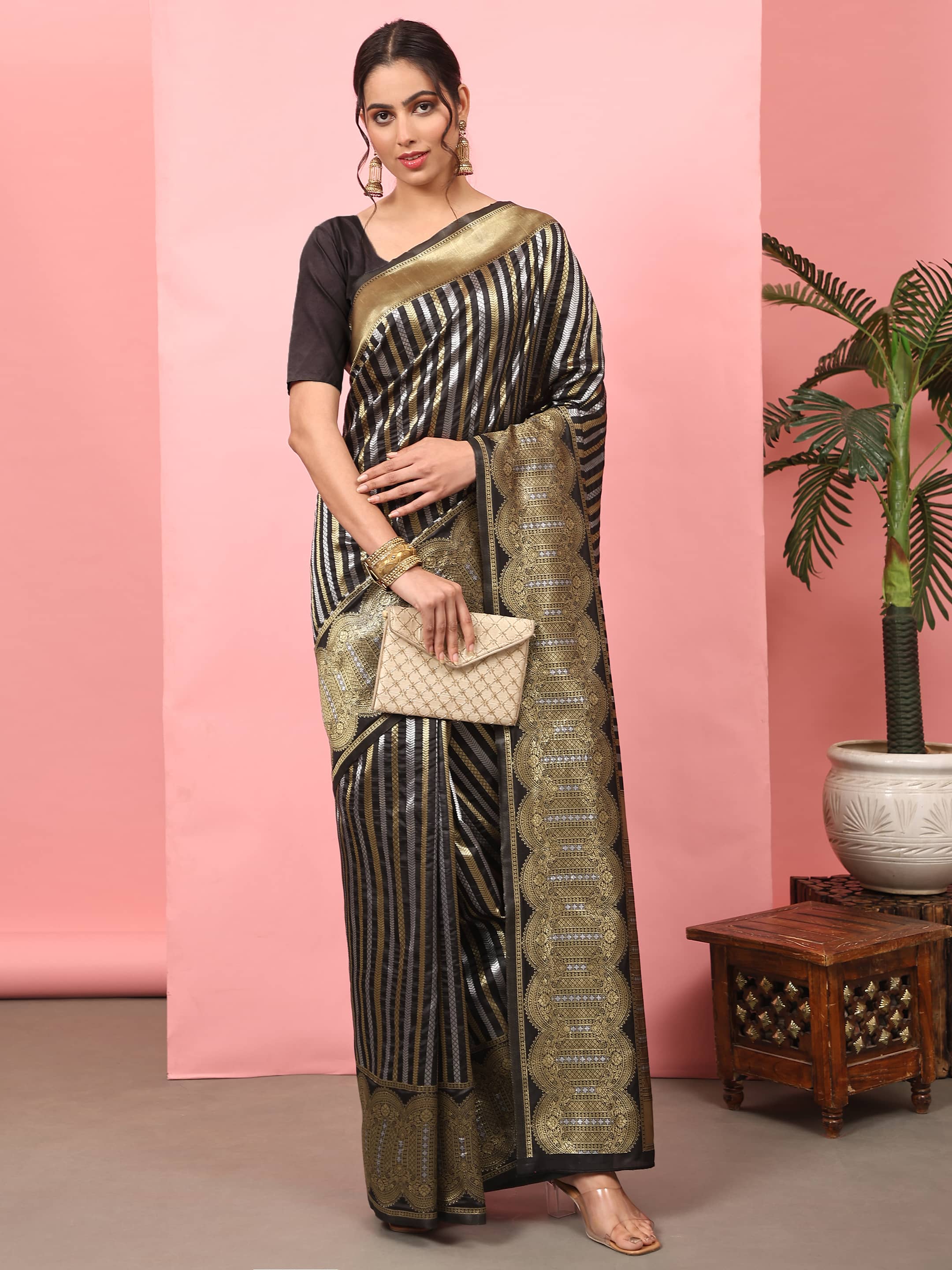 Kanchipuram Soft Silk Zari Woven Striped Saree