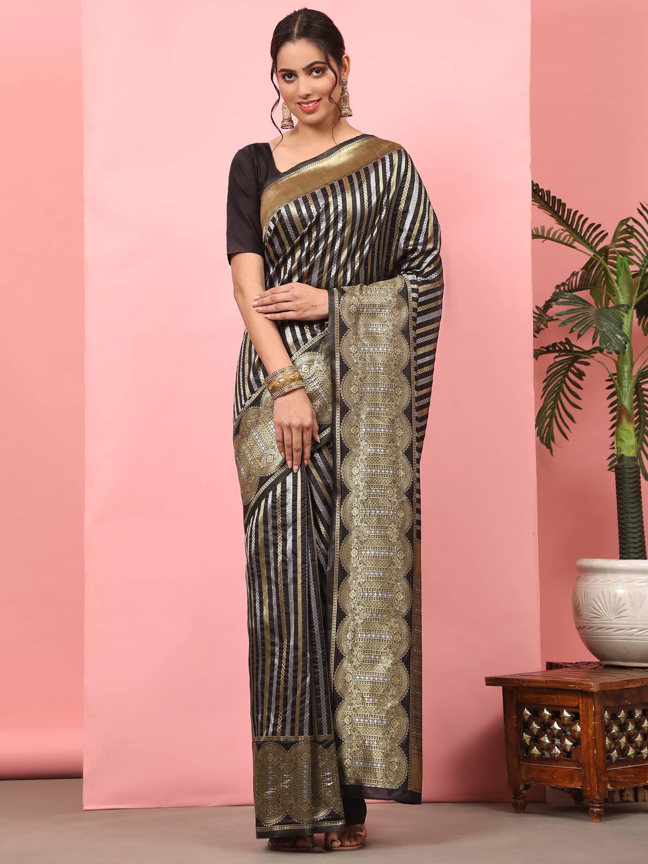 Kanchipuram Soft Silk Zari Woven Striped Saree