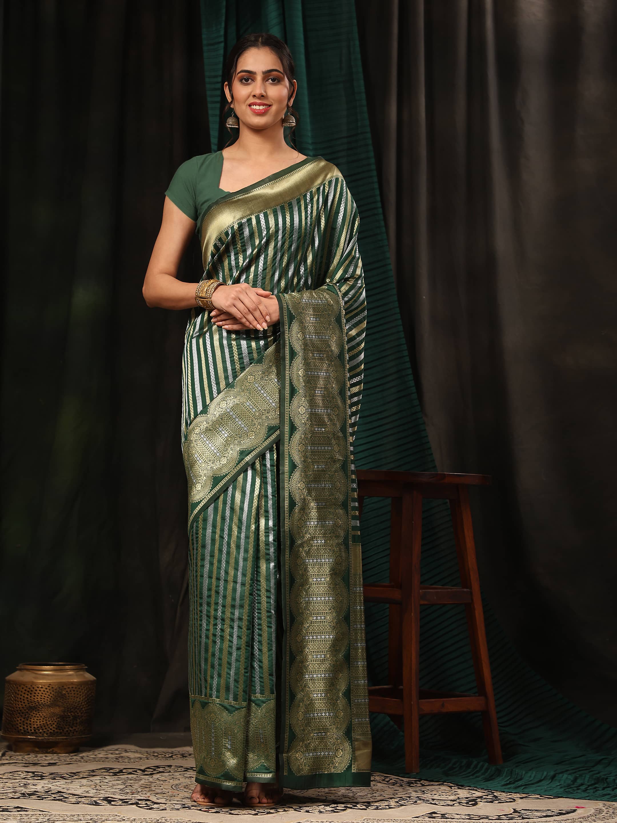 Kanchipuram Soft Silk Zari Woven Striped Saree