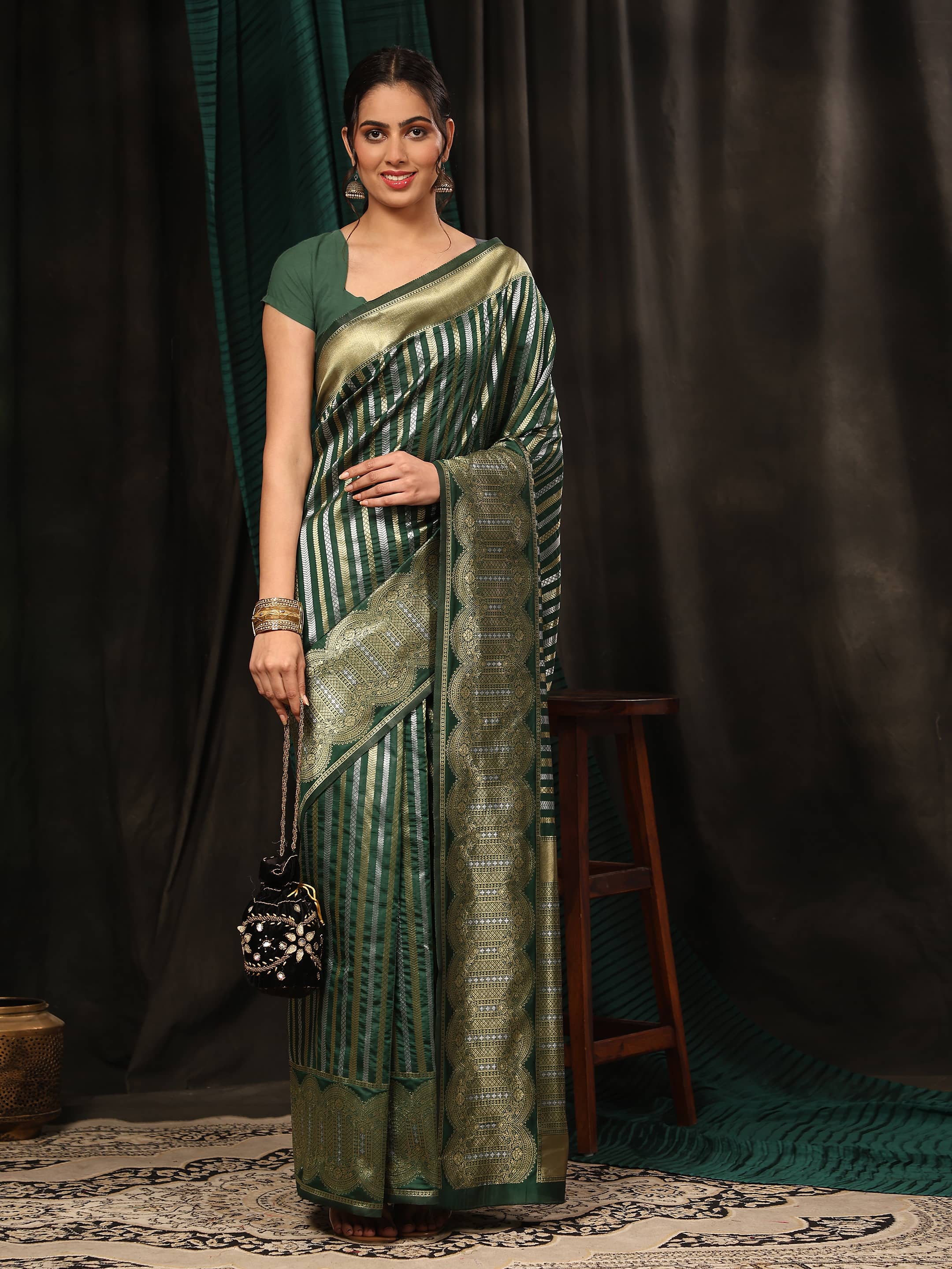 Kanchipuram Soft Silk Zari Woven Striped Saree