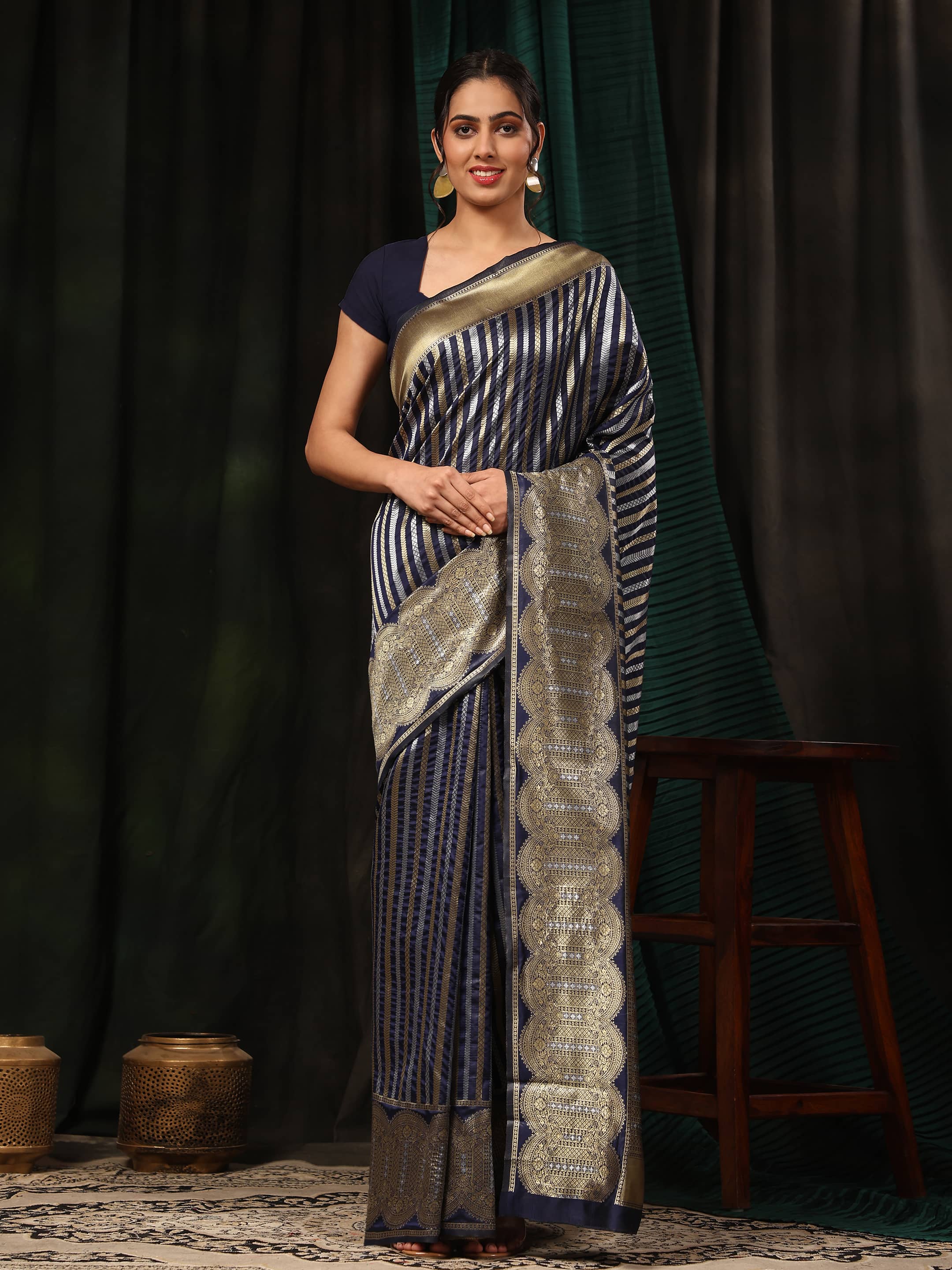 Kanchipuram Soft Silk Zari Woven Striped Saree