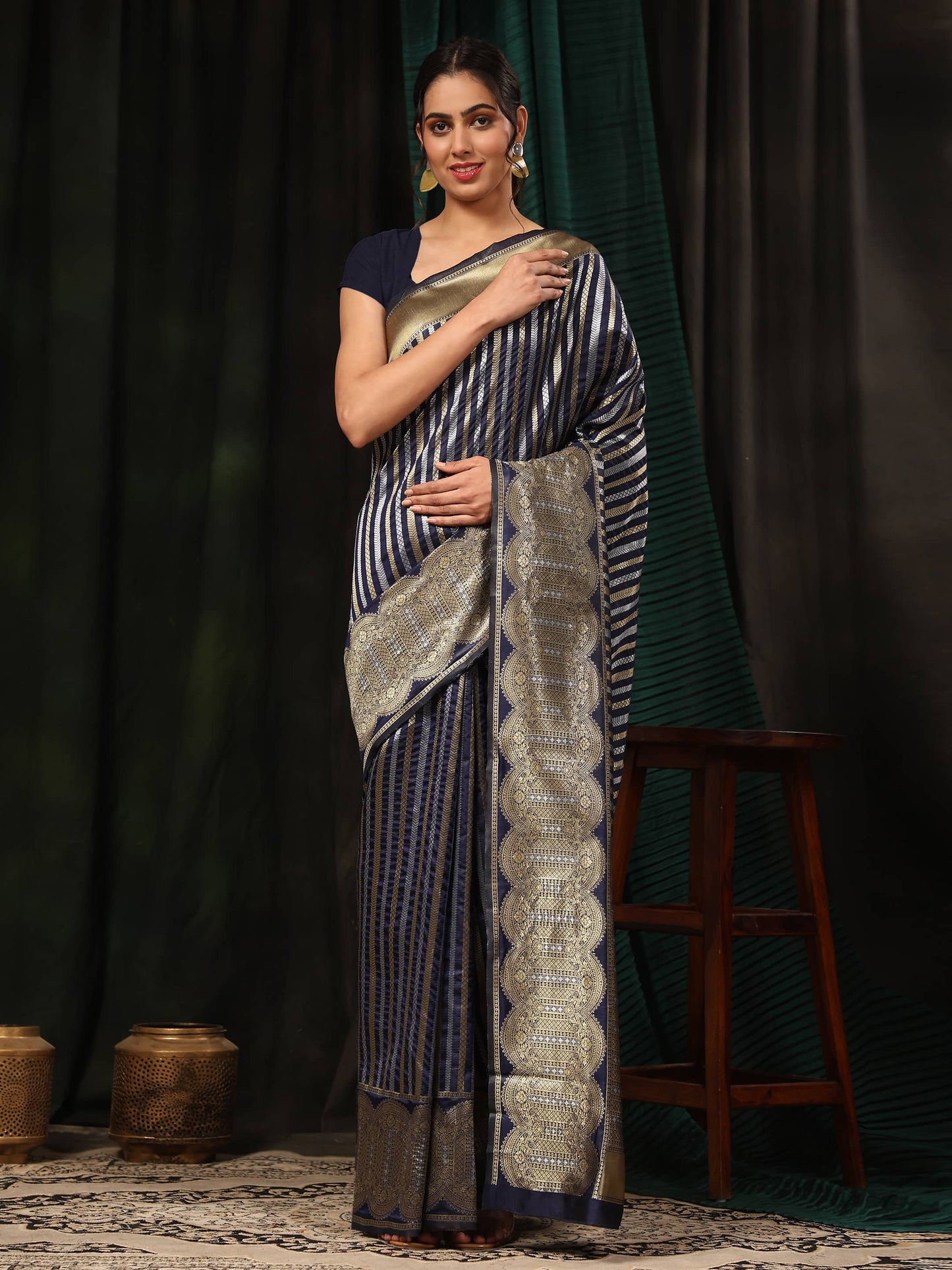 Kanchipuram Soft Silk Zari Woven Striped Saree